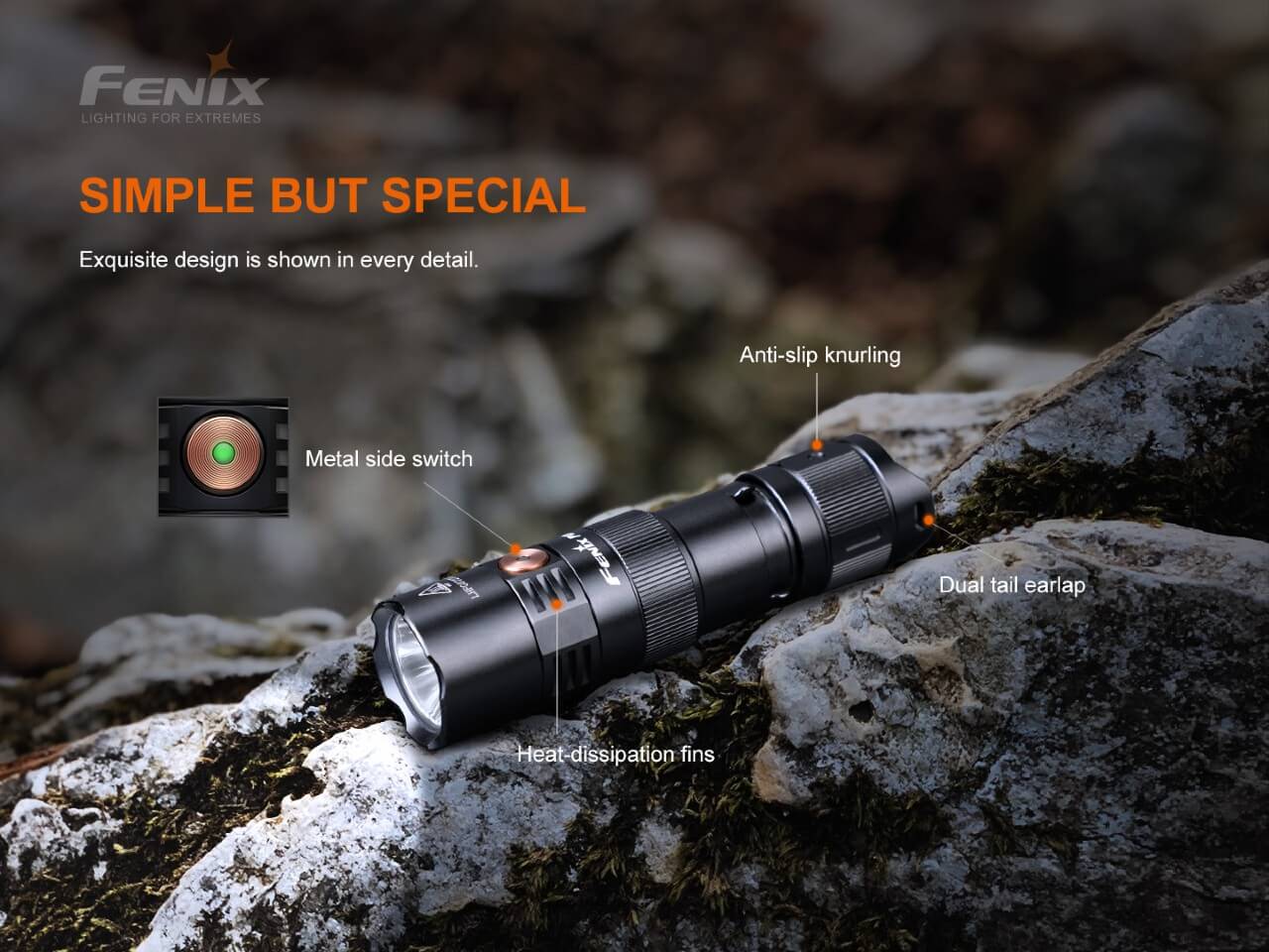 Fenix flashlight on a rock with features highlighted