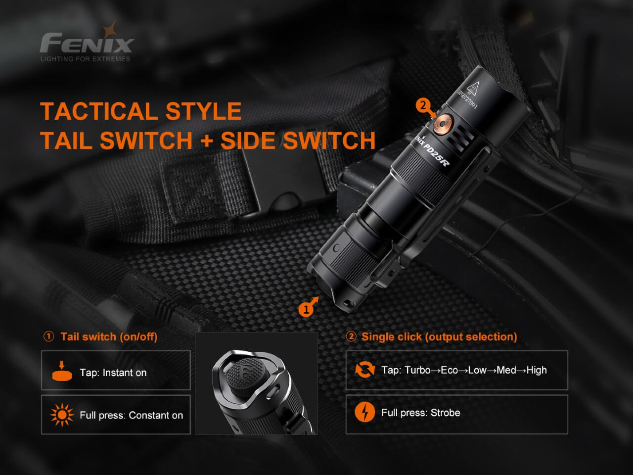 Fenix tactical flashlight with switch options on a dark background