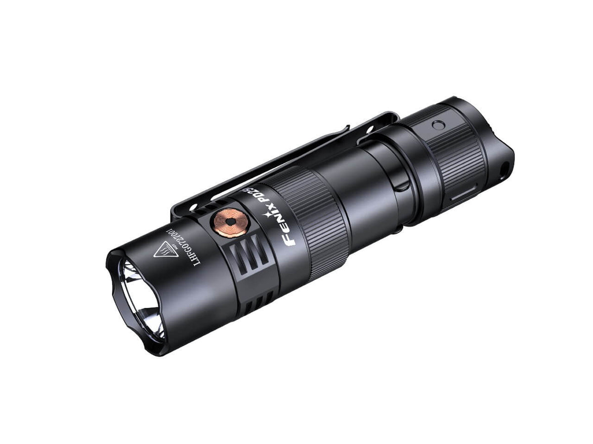 Black flashlight with 'Fenix' branding on a white background