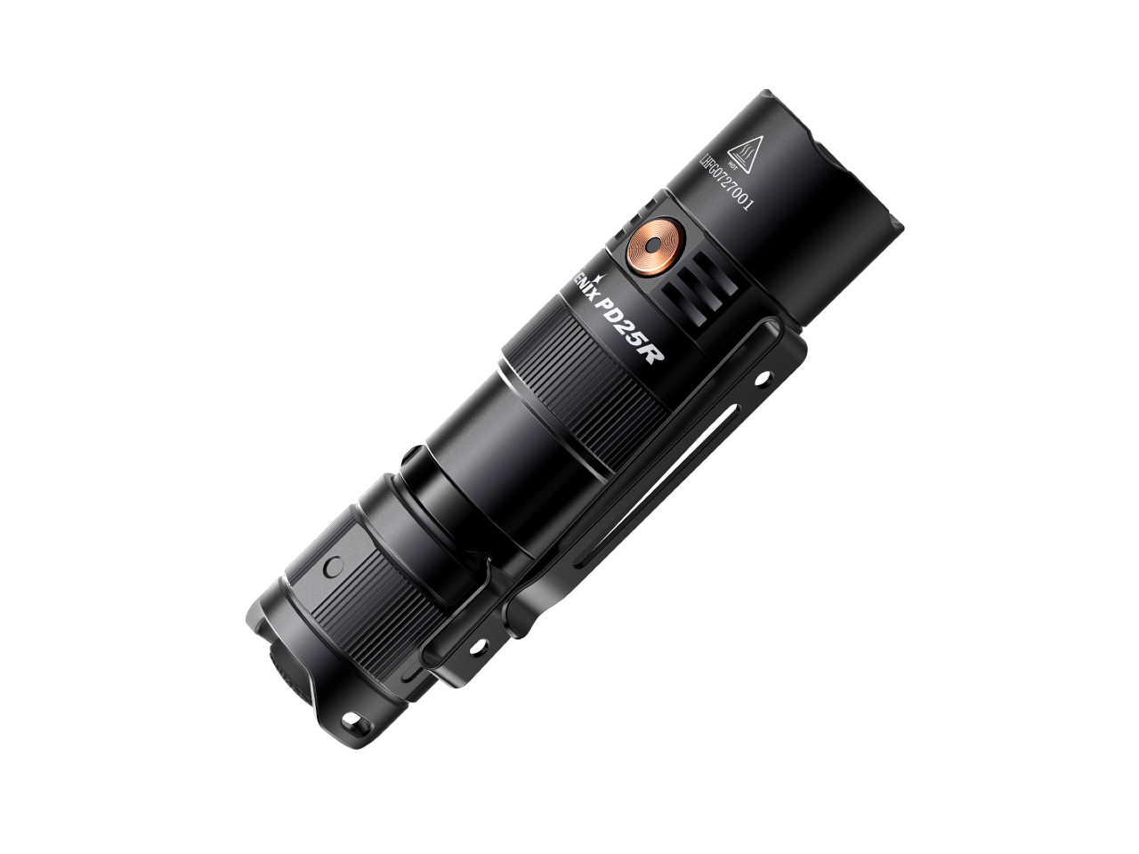 Black flashlight with visible branding on a black background