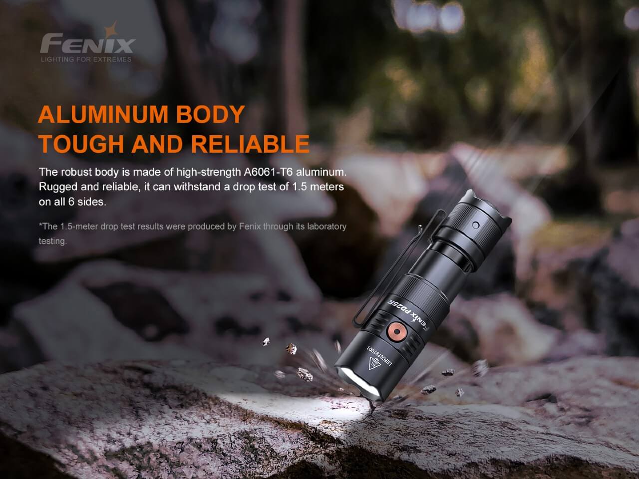 Fenix flashlight on a rock with text about its aluminum body and durability.