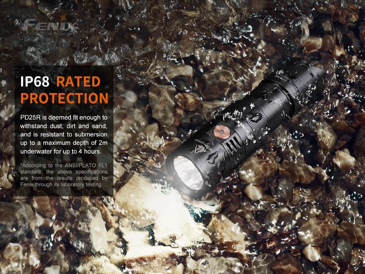 Fenix flashlight with water resistance text on a rocky surface