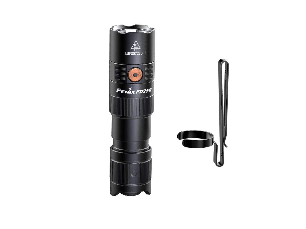 Fenix PD25R flashlight with additional components on a green background