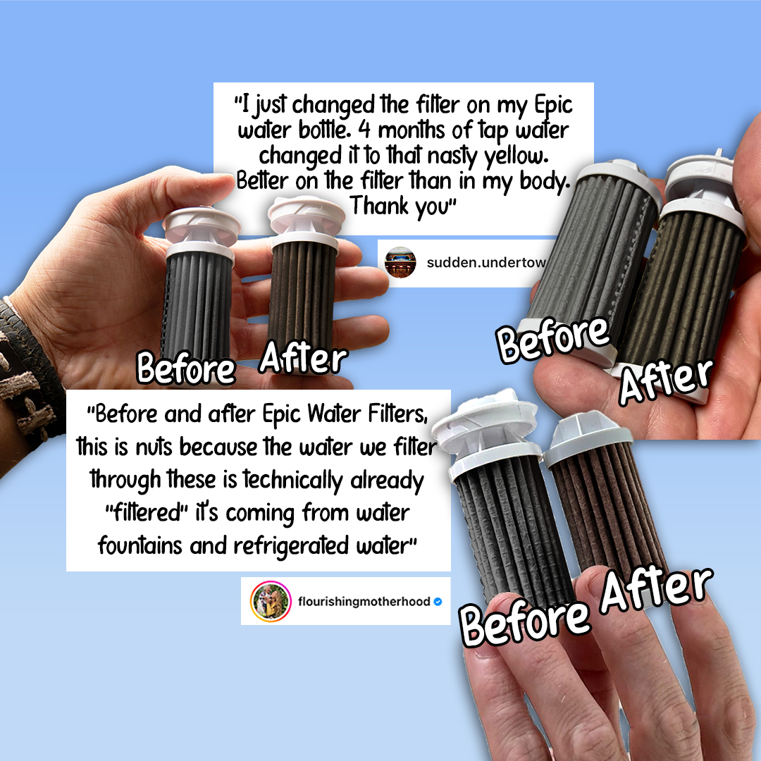 Before and after comparison of water filters with text on a blue background