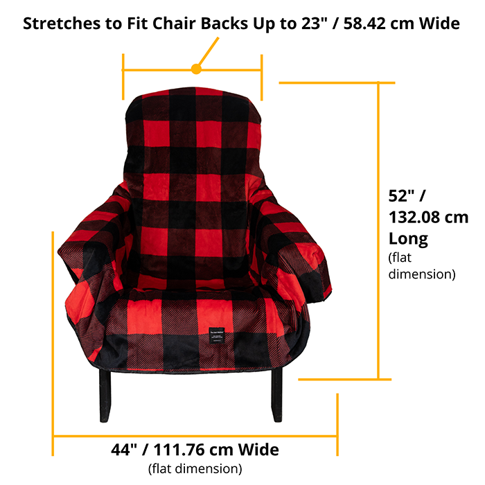 Red and black checkered chair cover with measurements on a white background