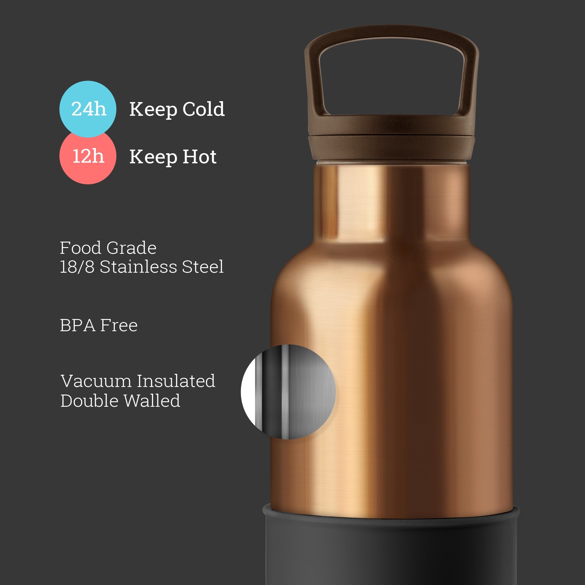 Stainless steel water bottle with features highlighted on a dark background
