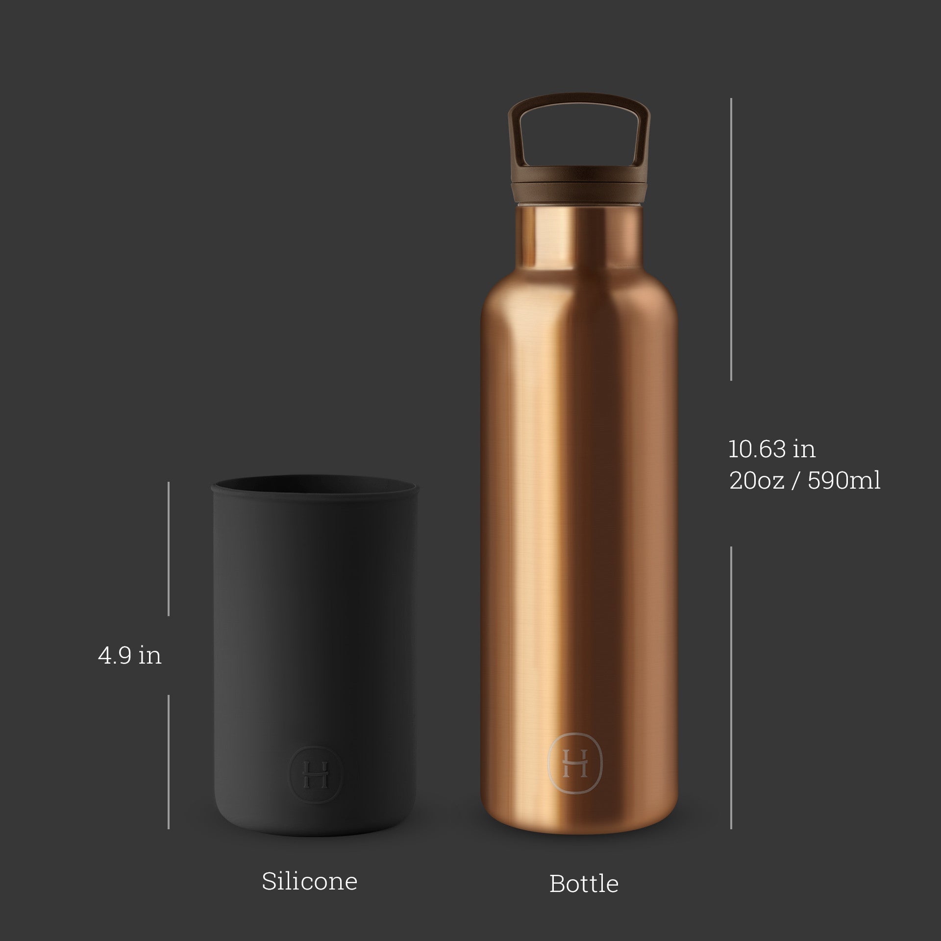 Bronze water bottle and black silicone cup with measurements on a dark background