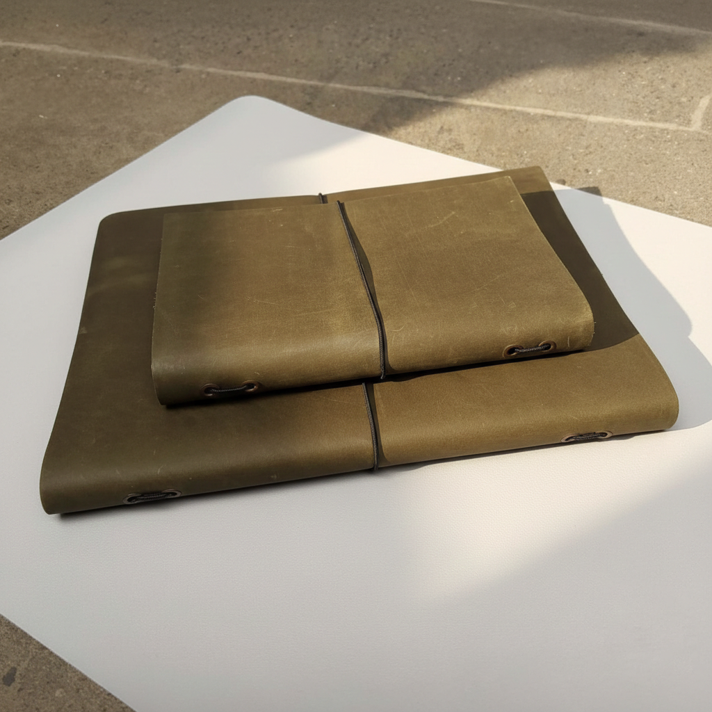 Brown leather mattress set on a white surface with a concrete floor background