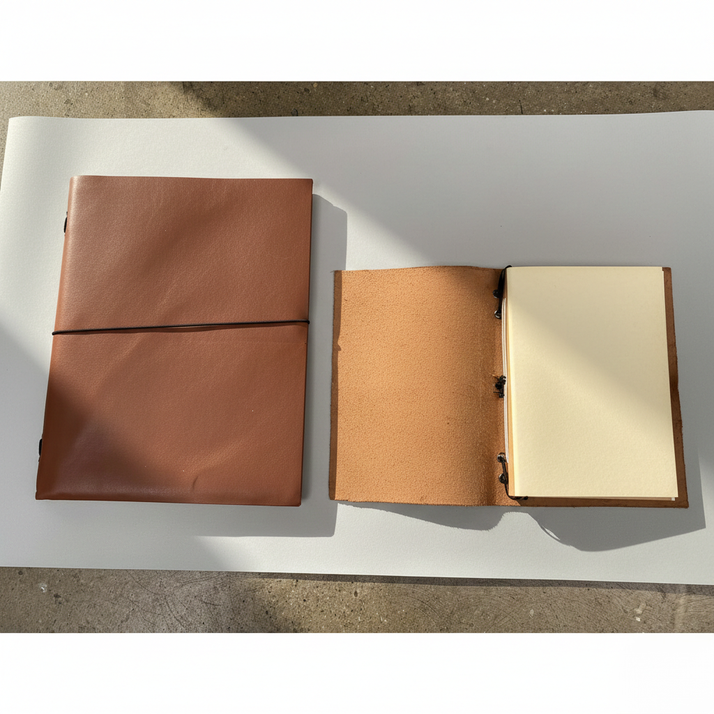 Two brown leather-bound books on a white surface.