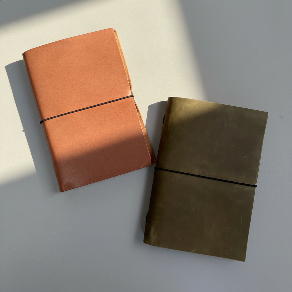 Two leather-bound notebooks, one orange and one brown, on a light surface.
