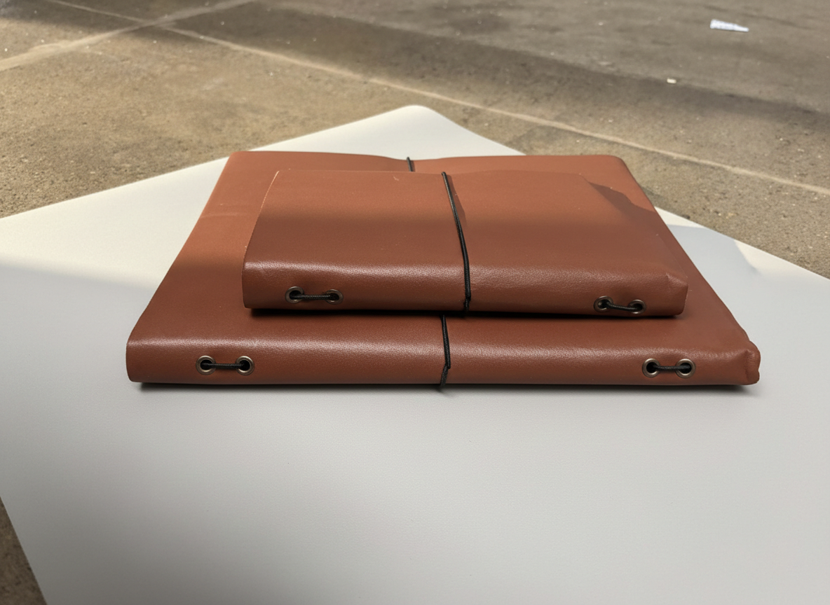 Two brown leather cases on a white surface with a blurred outdoor background