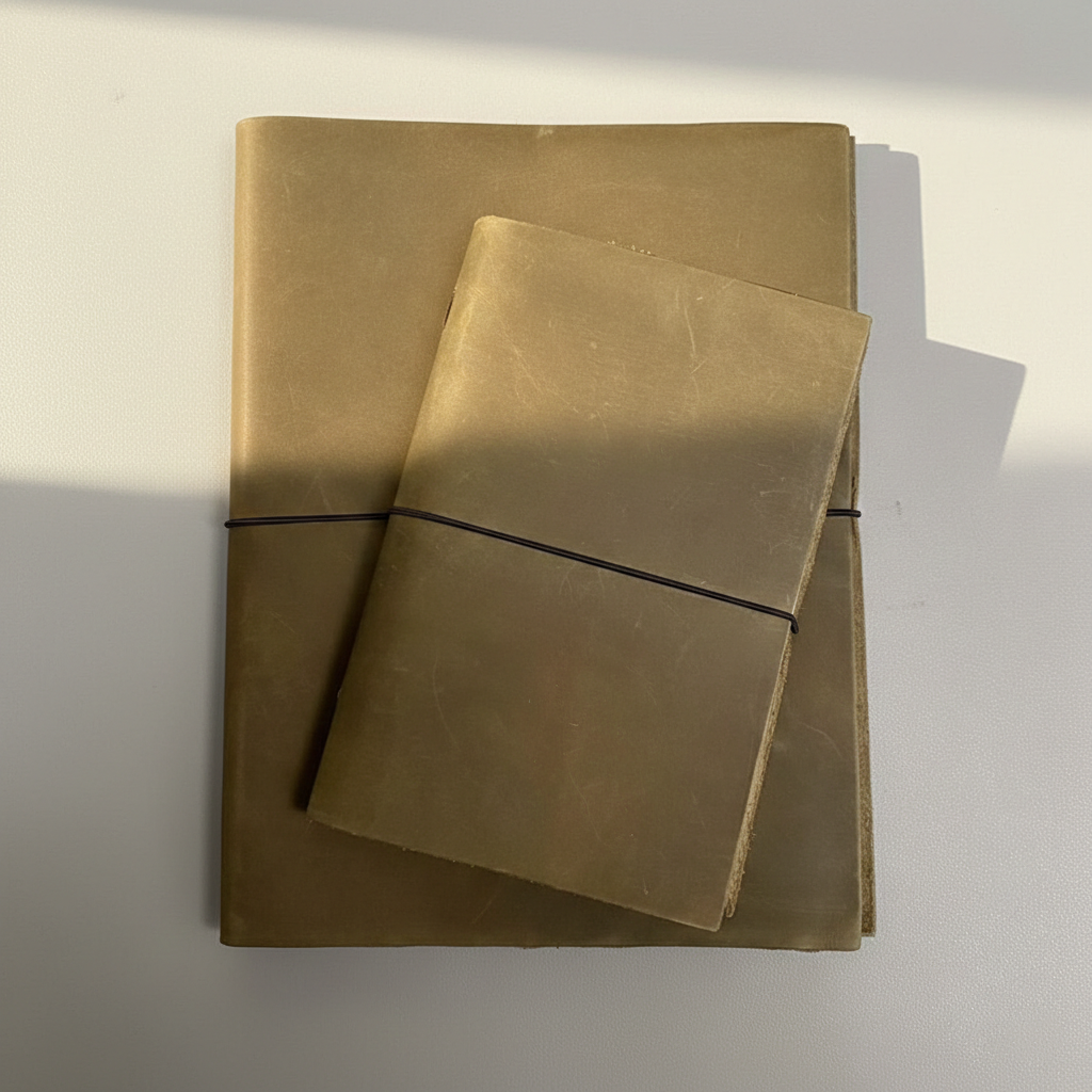 Two brown leather-bound books stacked on a light gray surface with a soft shadow.