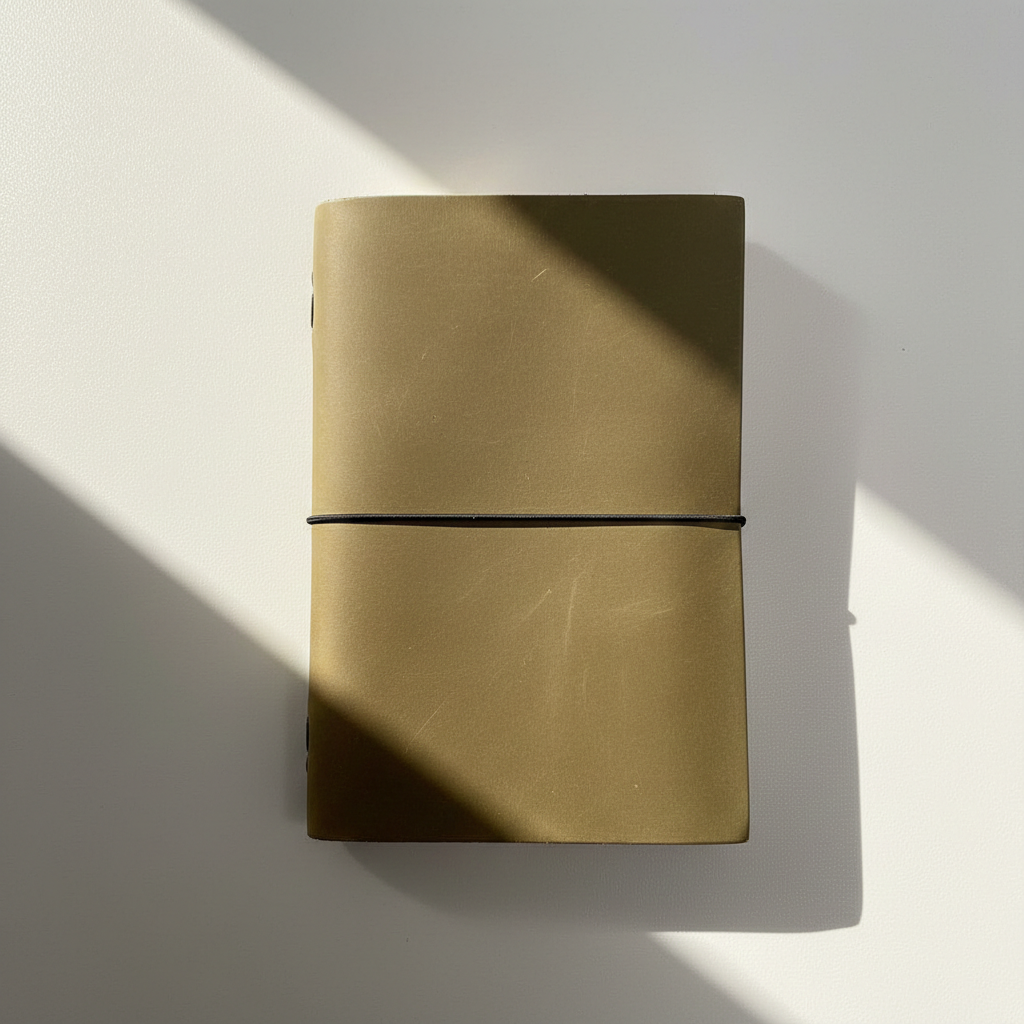 Brown leather notebook on a light gray background