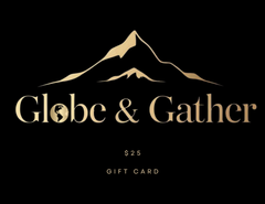 Gold globe and mountain logo with the words 'Globe & Gather' and 'GIFT CARD' on a black background.