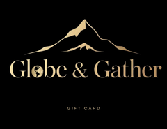Gold globe and mountain logo with the words 'Globe & Gather' and 'GIFT CARD' on a black background.