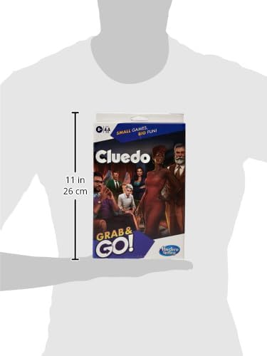 Cluedo Grab & Go! game box held by a mannequin with dimensions indicated.