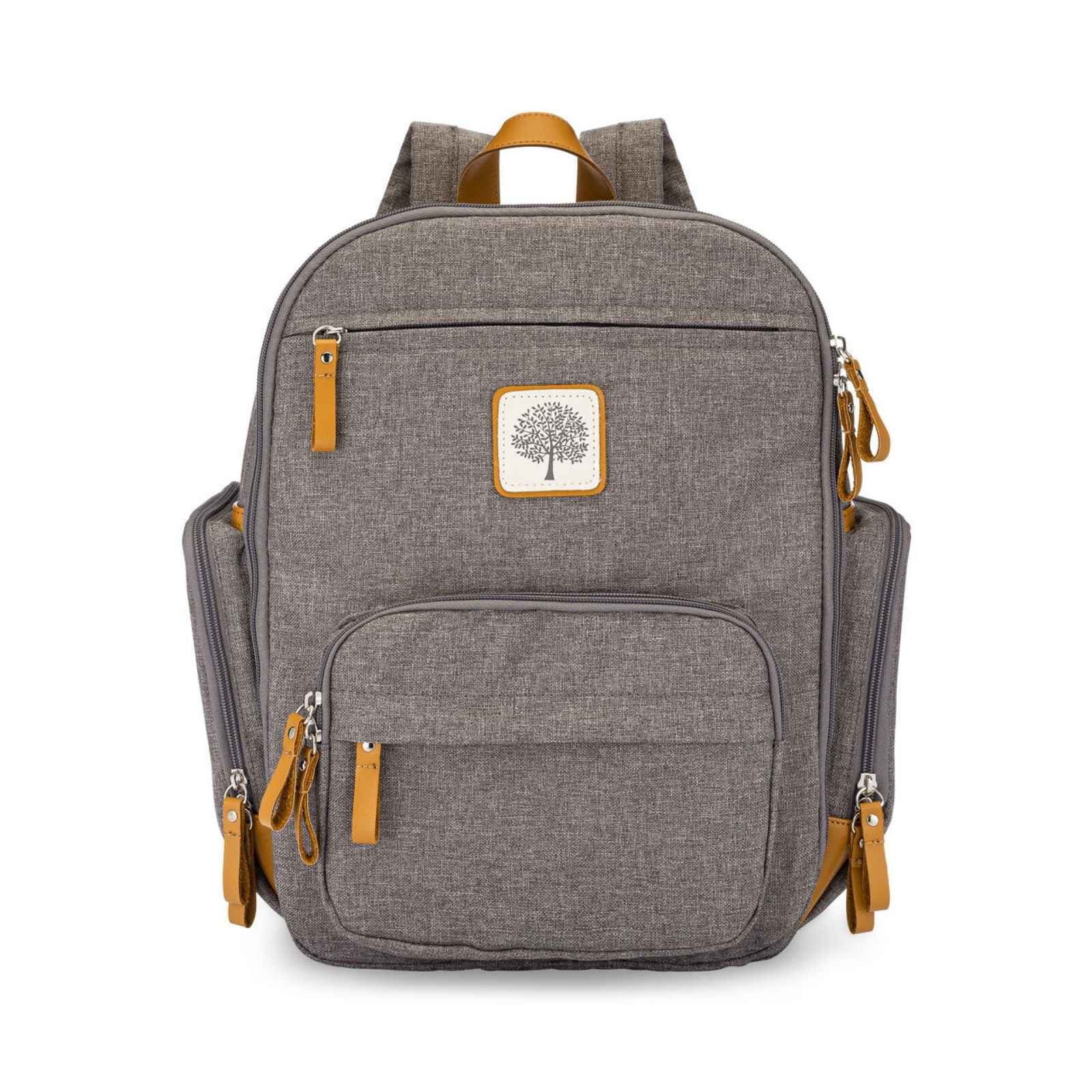 Gray backpack with brown accents and a visible brand logo on a white background