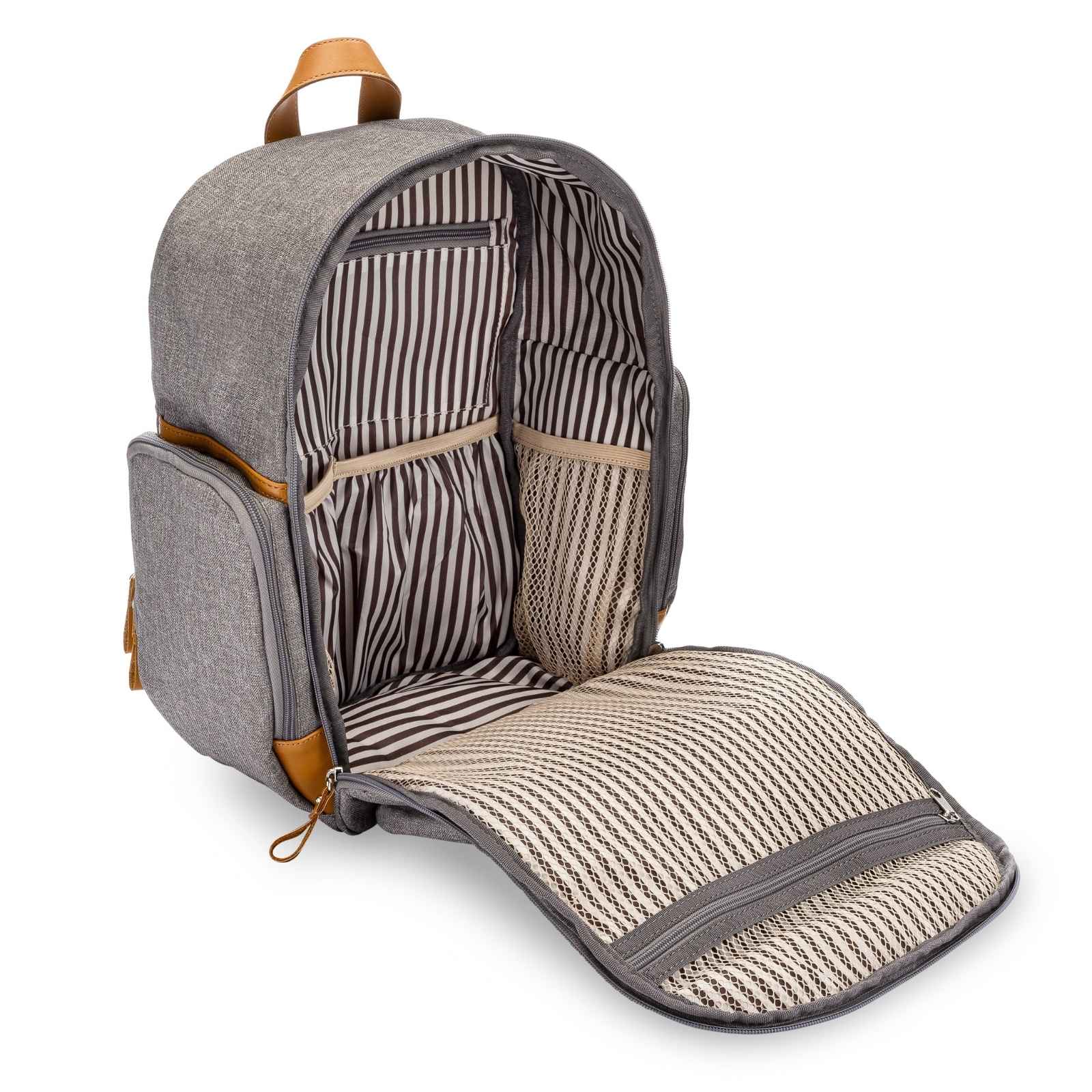 Gray backpack with a seat pad and zipped pocket on a white background