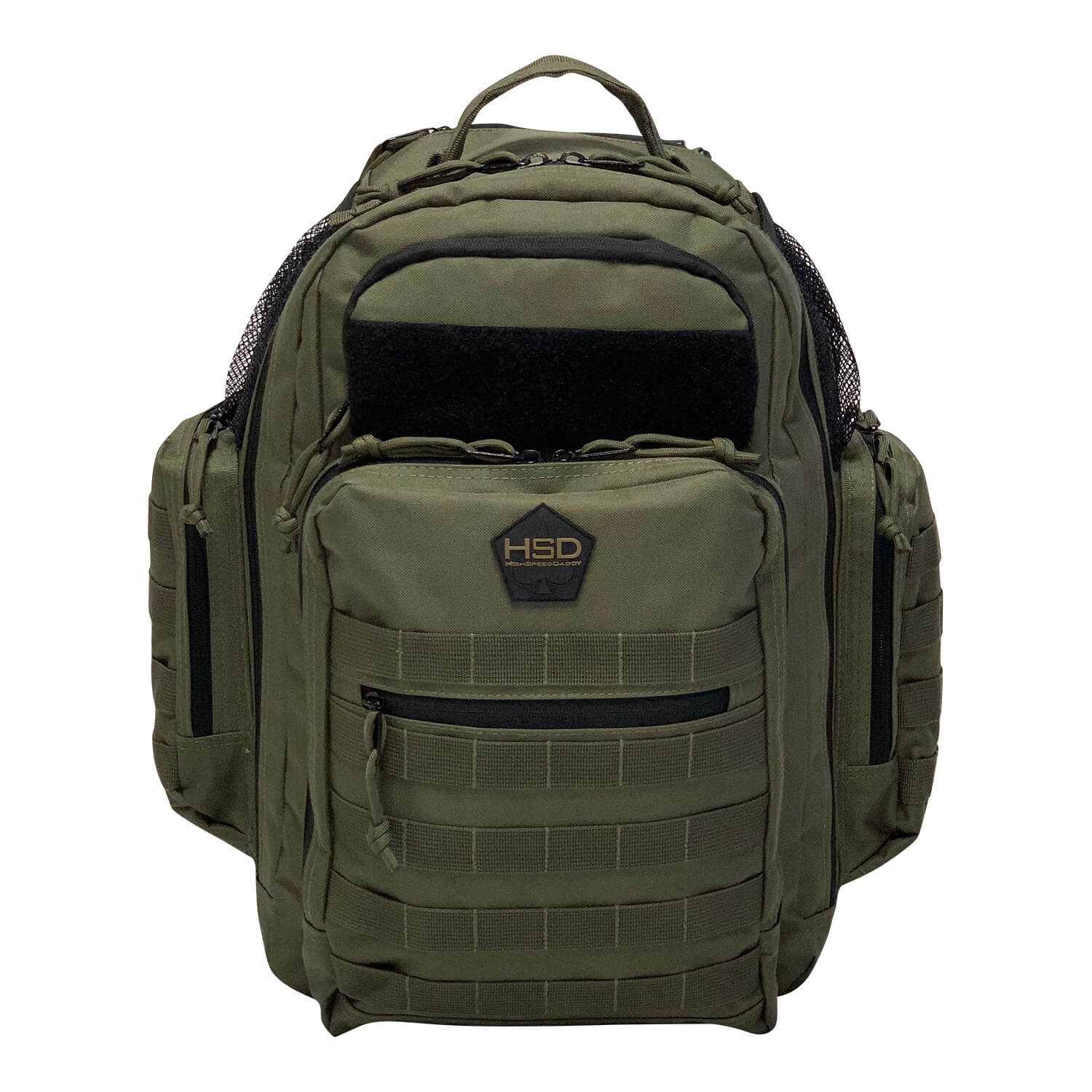 Green tactical backpack with multiple pockets and a visible brand logo on a white background