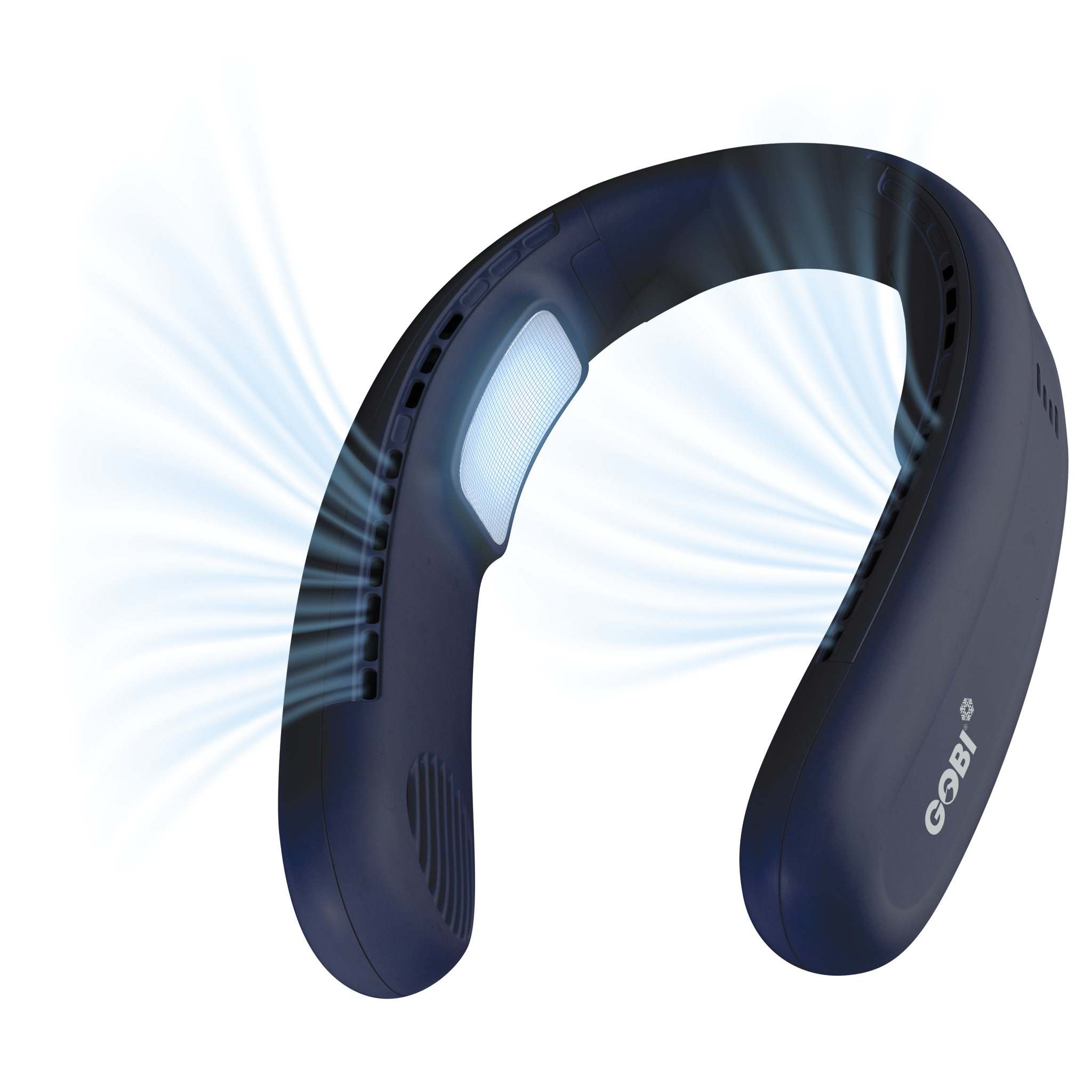 Navy blue neck fan with brand logo on a white background