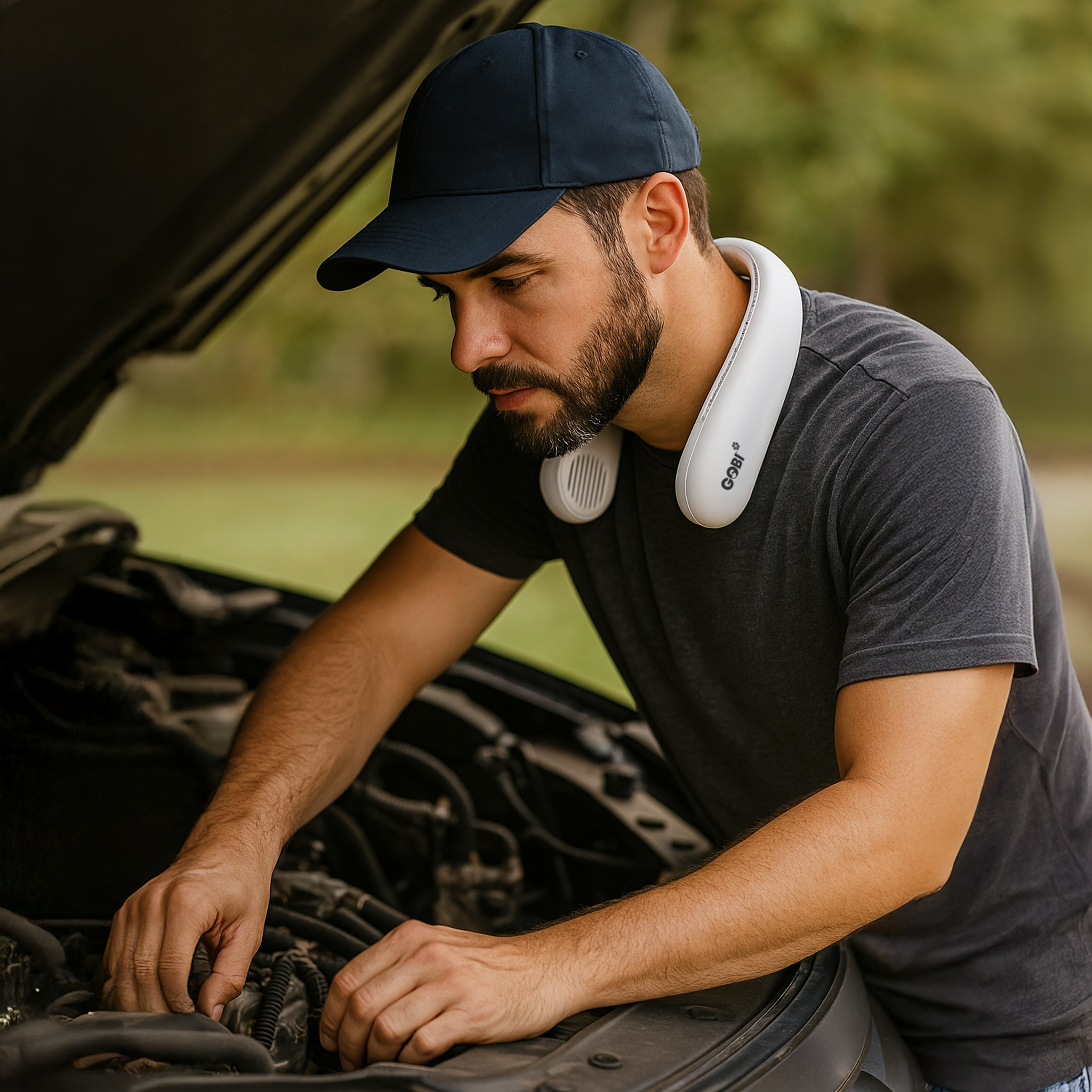 Man working on a car engine outdoors