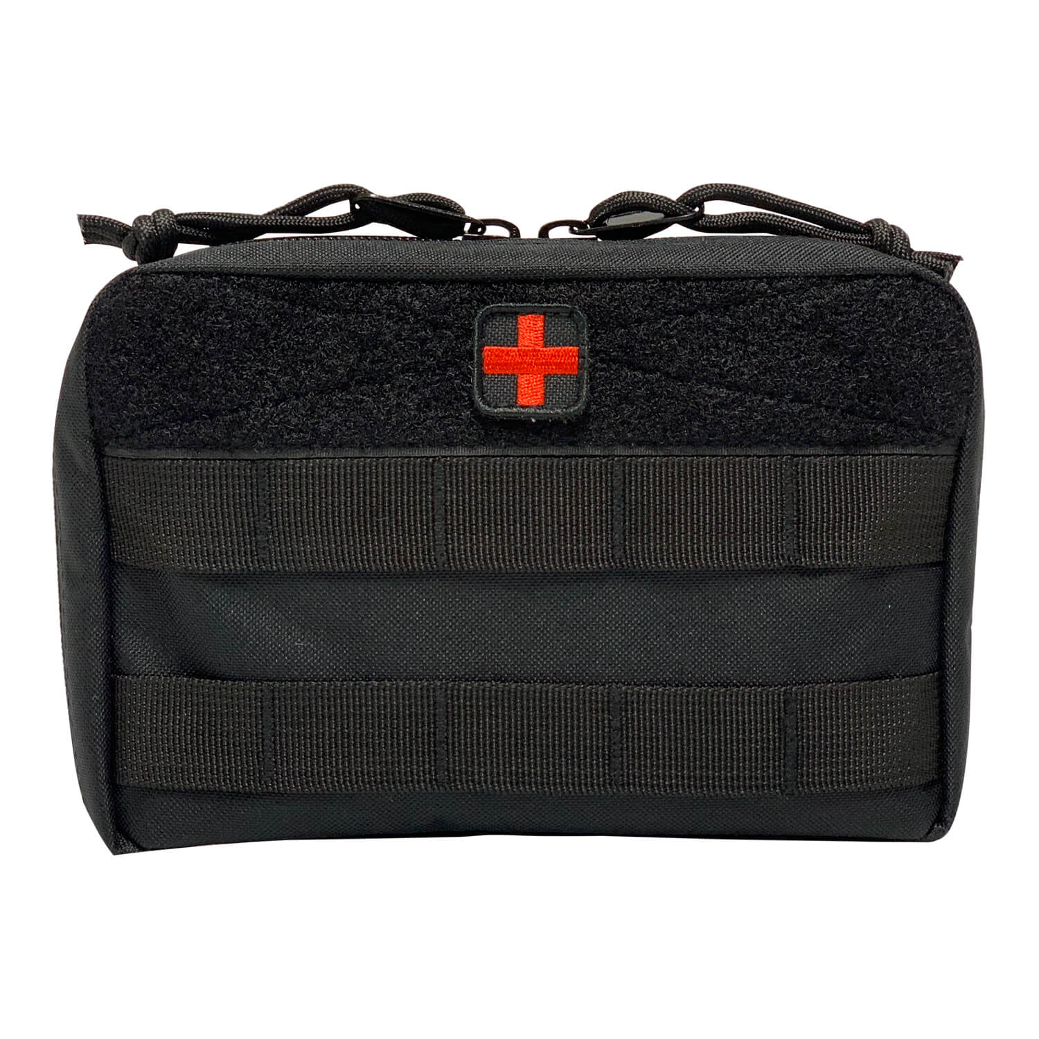 Black tactical bag with a red cross on a white background