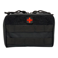 Black tactical bag with a red cross on a white background