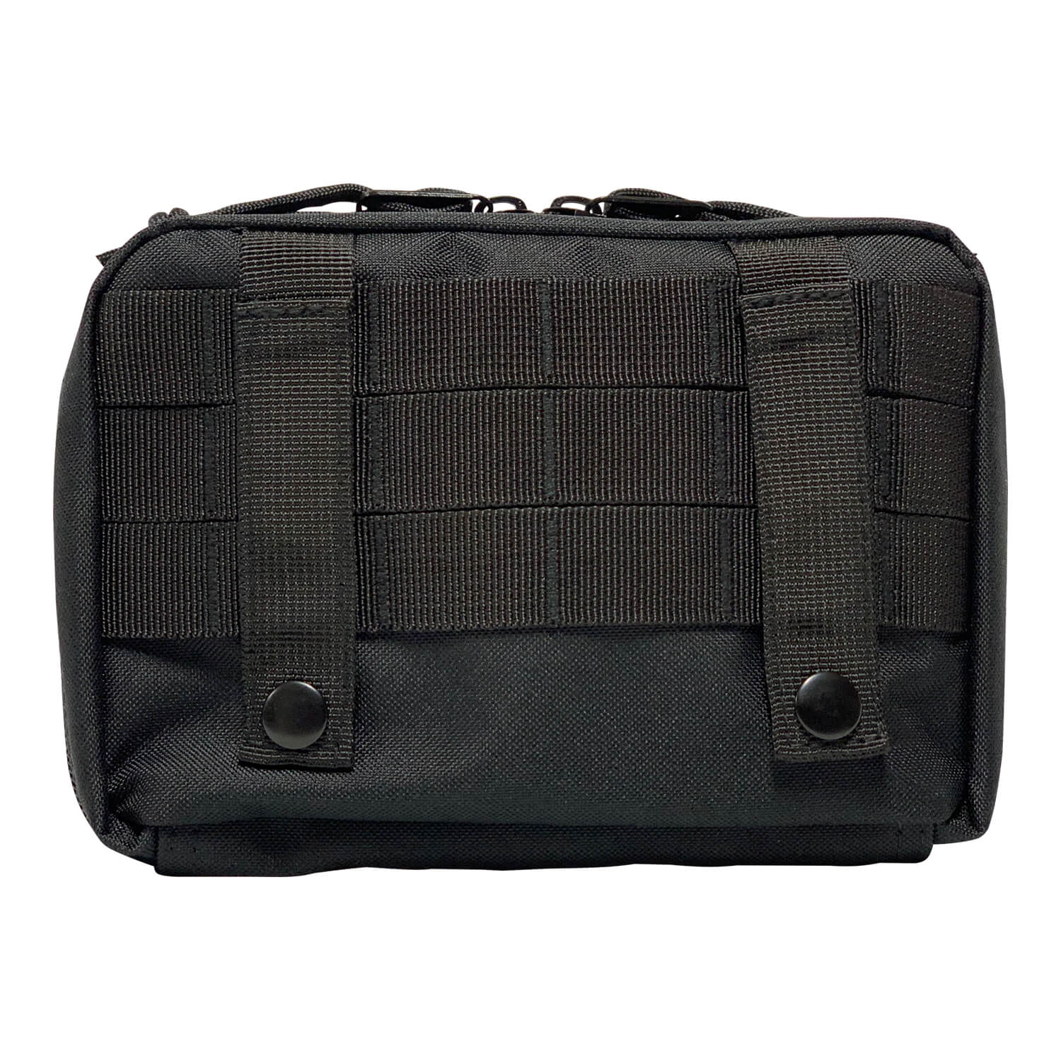 Black tactical pouch with multiple straps on a white background