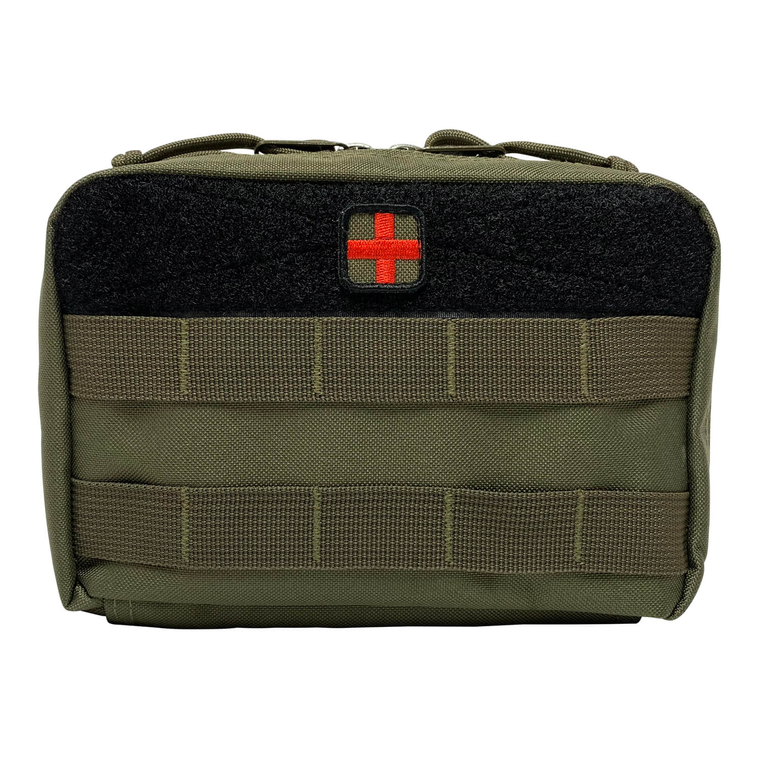 Green tactical医疗包 with a red cross on a white background