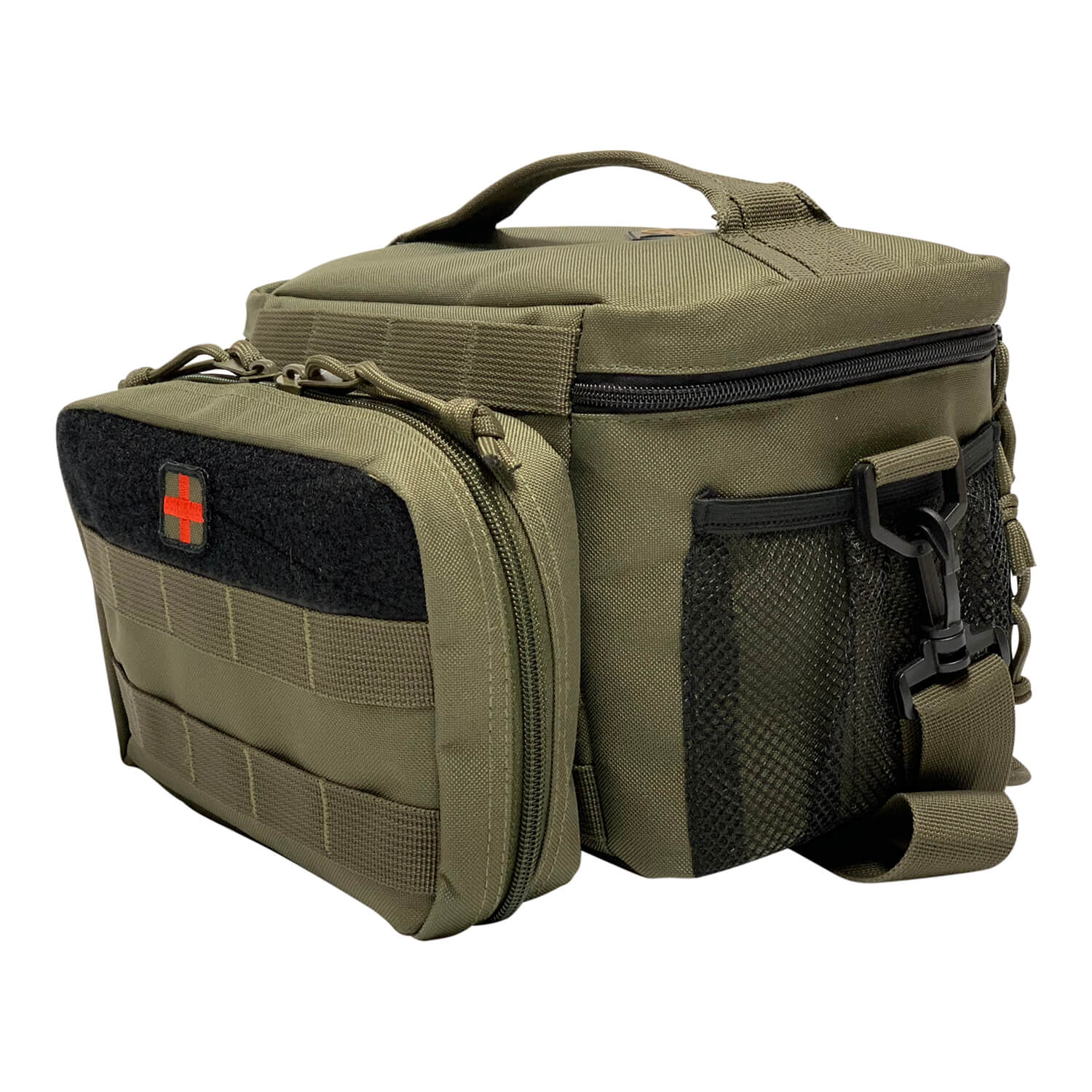 Green tactical bag with a red cross on a white background