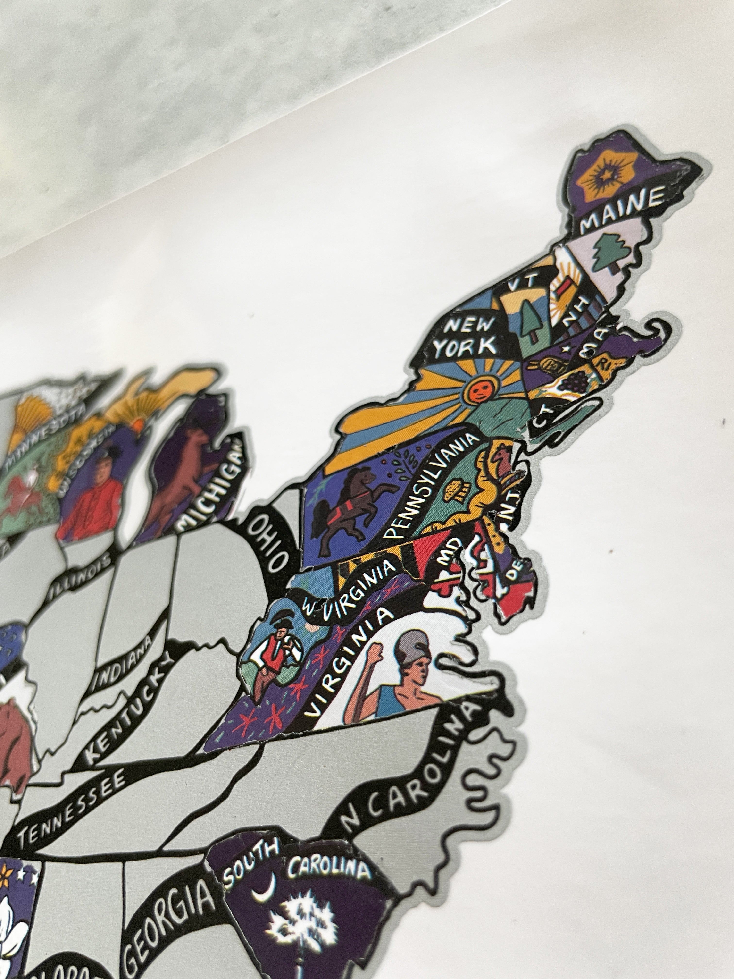 Colorful map of the United States with state names on a white background