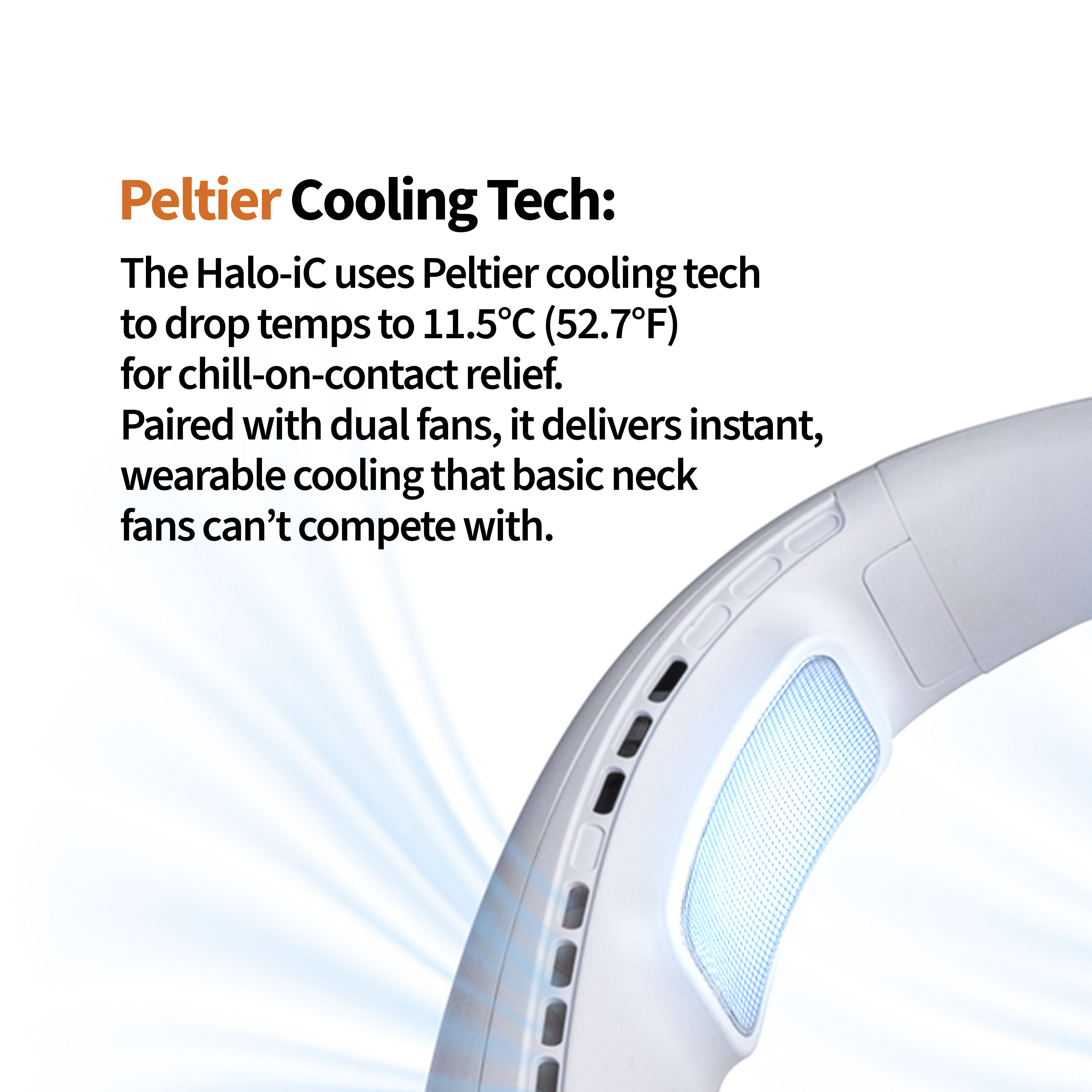 Neck cooling device with Peltier cooling technology text on a white background
