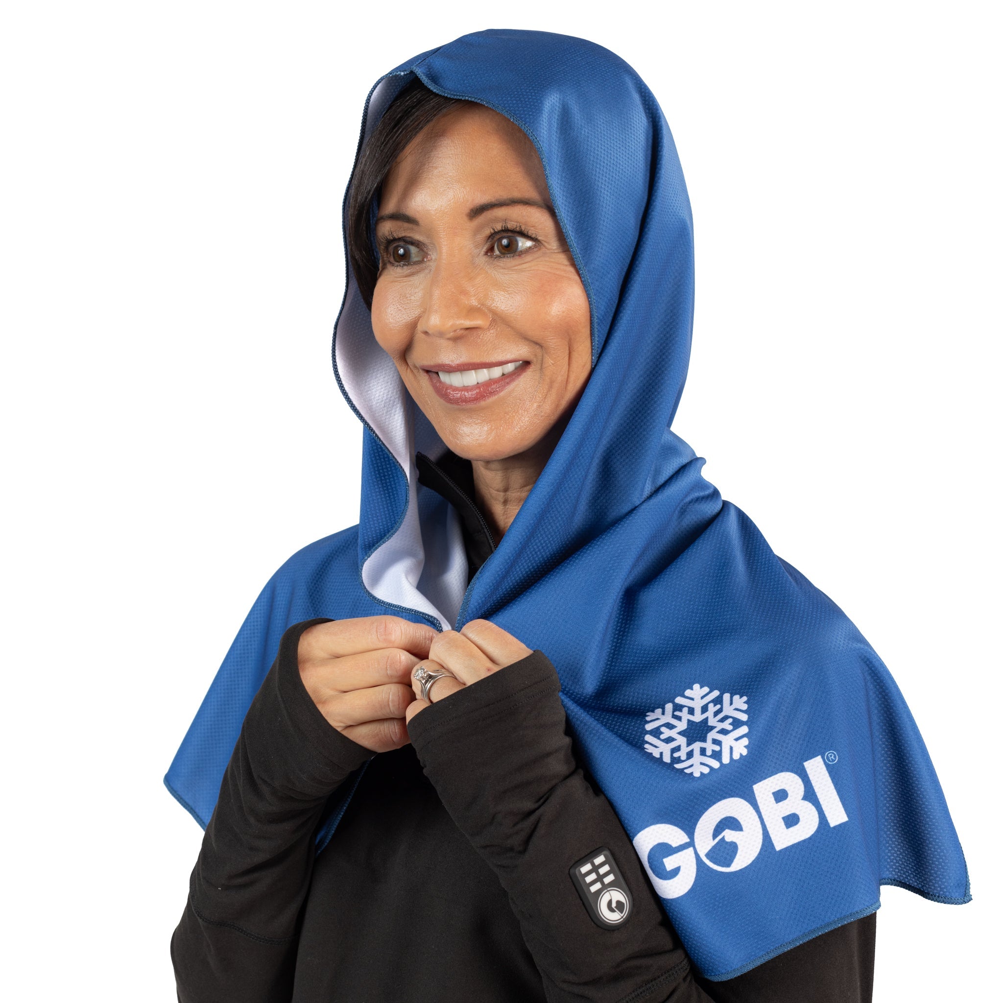 Person wearing a blue hood with a Gobi logo on a white background