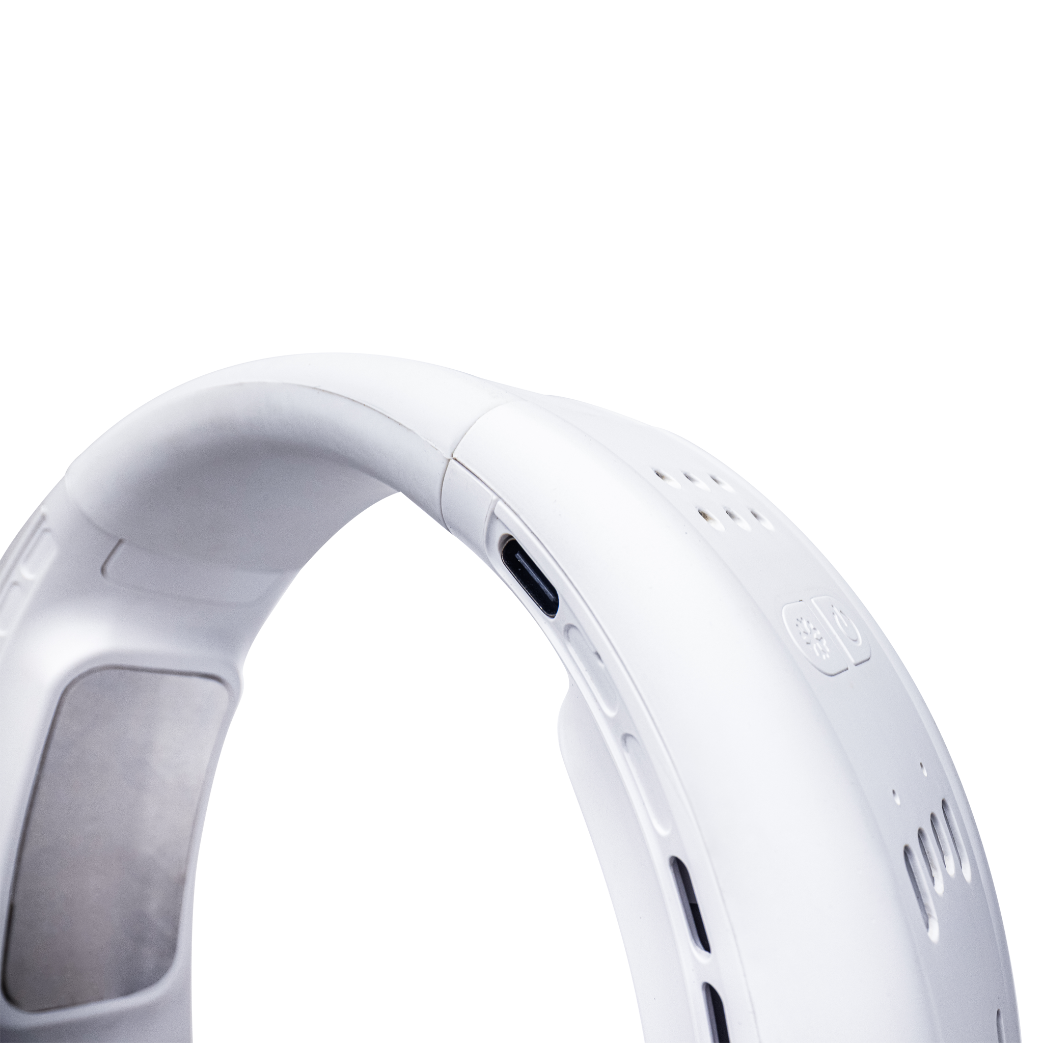Close-up of a white electronic device with a USB-C port on a white background