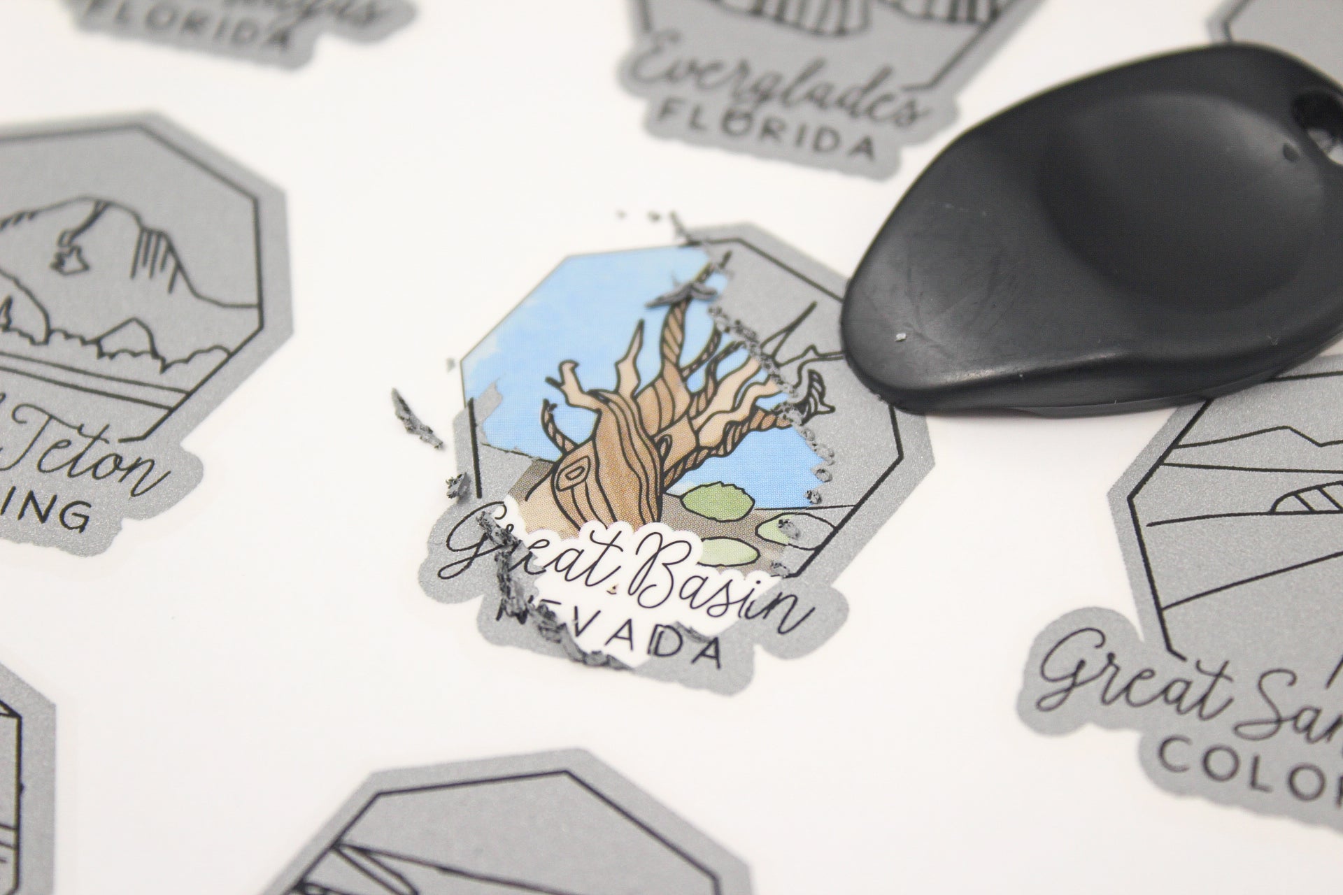 Set of nature-themed stickers with scenic designs on a white background