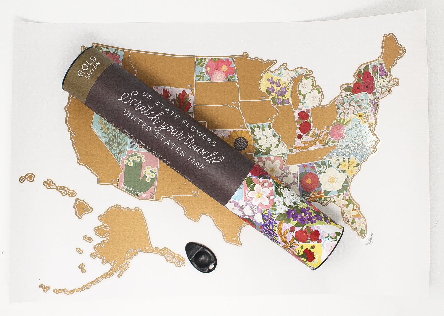 United States map with floral designs and a scratch-off book on a white background