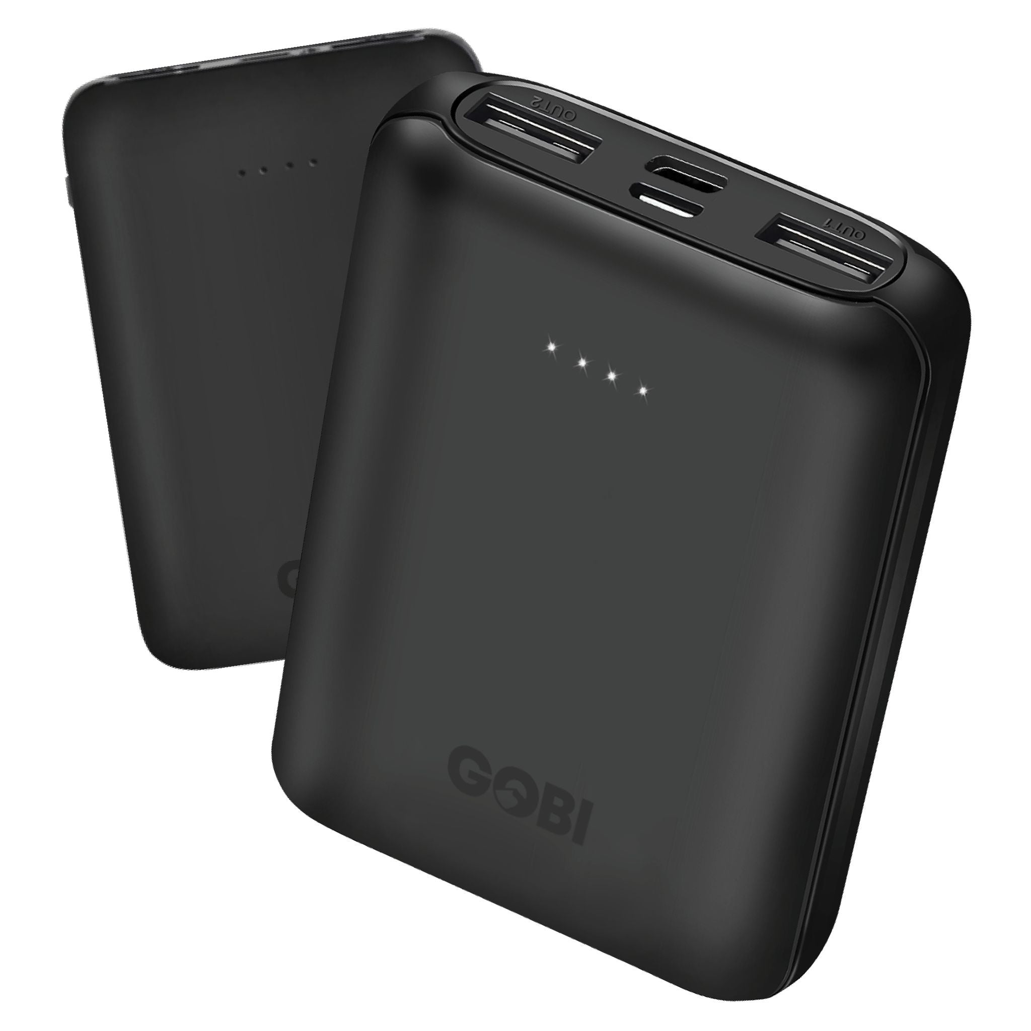 Black power bank with USB ports on a white background