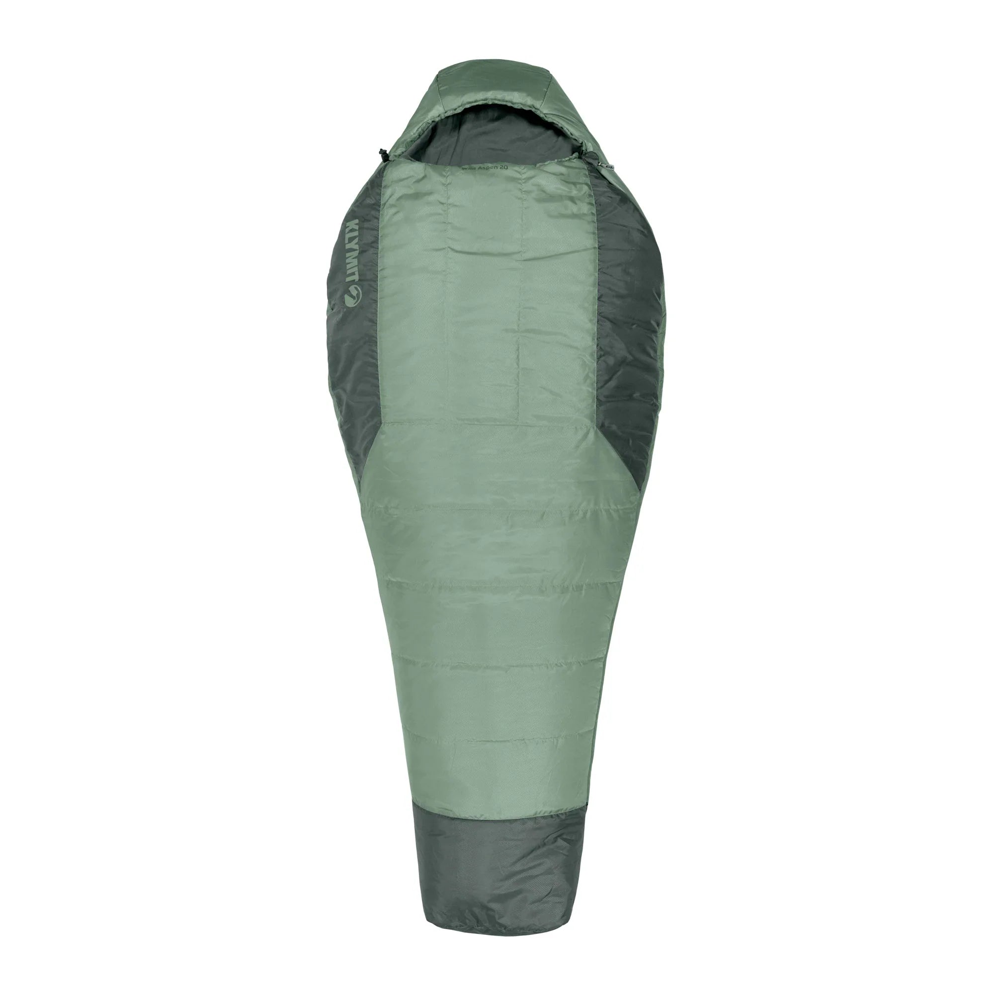Green and gray sleeping bag on a white background
