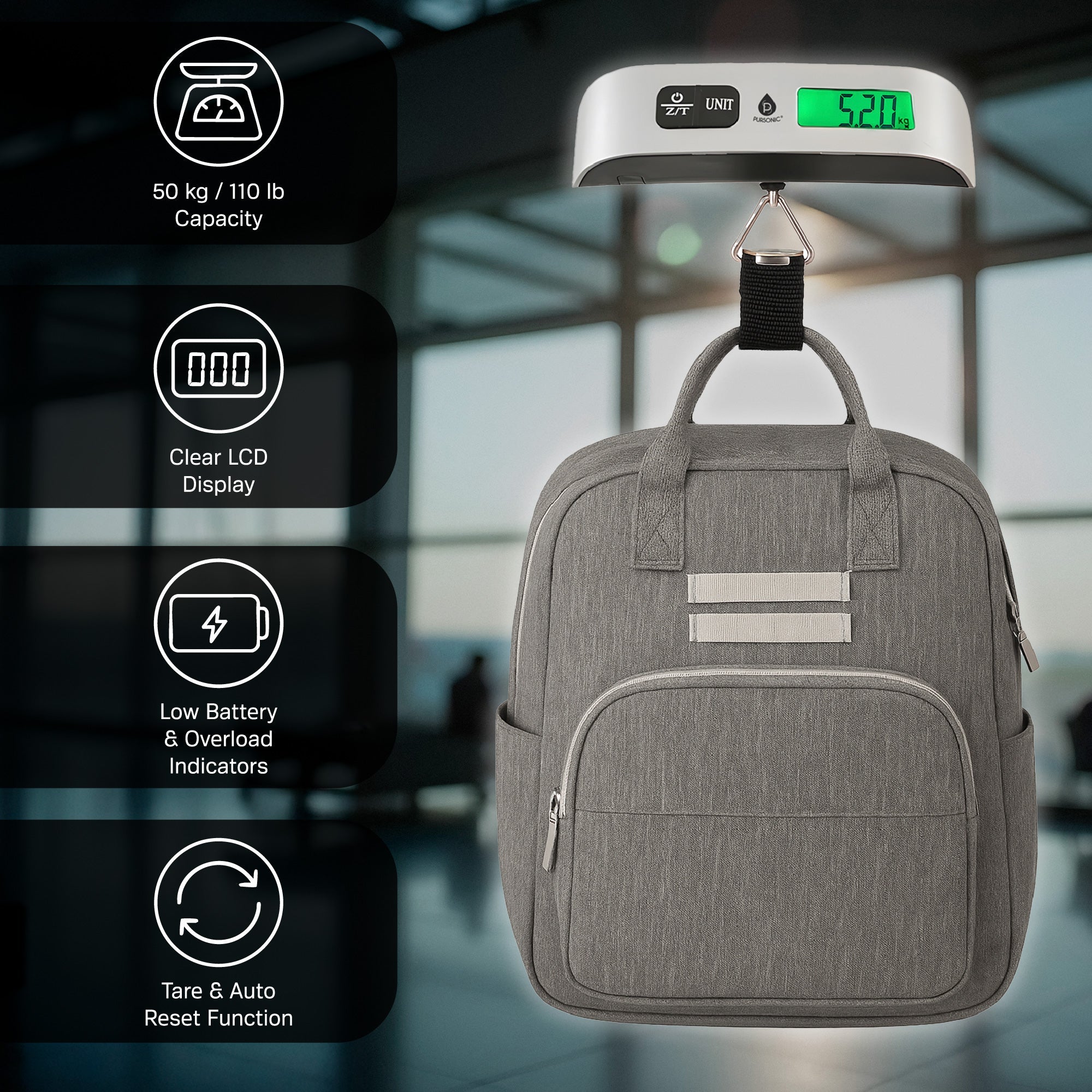 Gray backpack being weighed on a digital hanging scale with product features listed.
