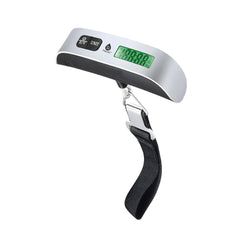 Digital luggage scale with a black strap on a white background