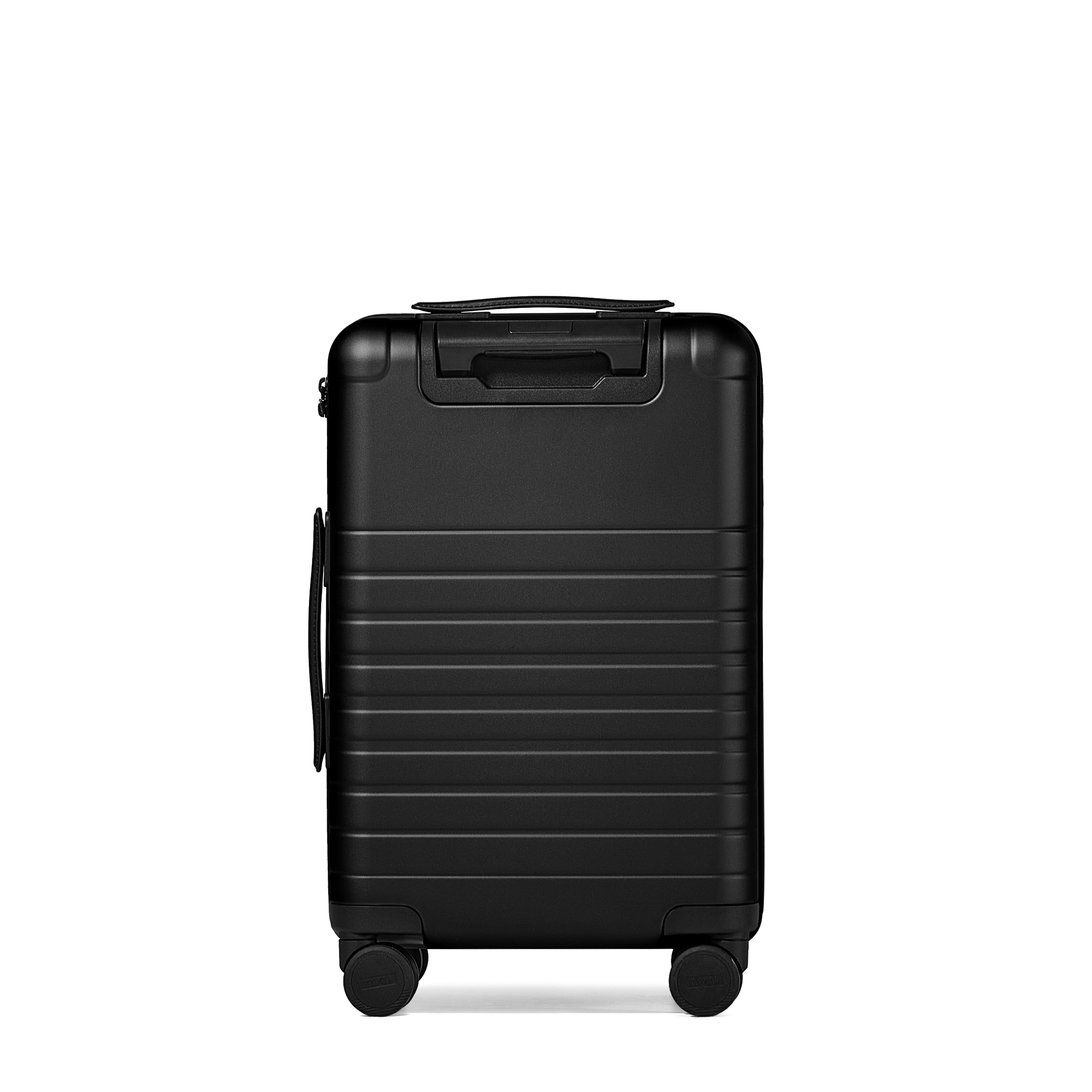 Black suitcase with a handle and wheels on a white background