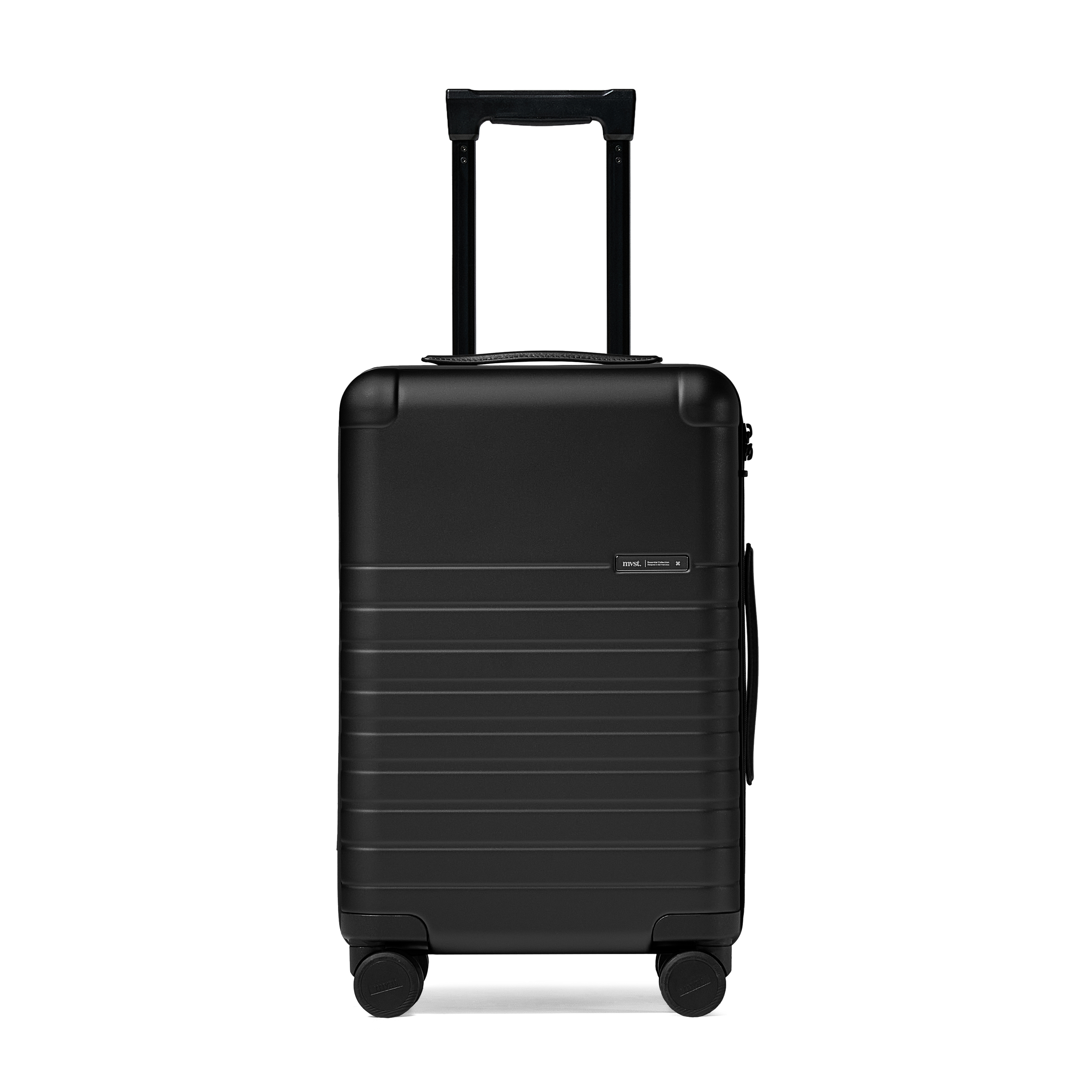 Black suitcase with wheels and handle on a white background