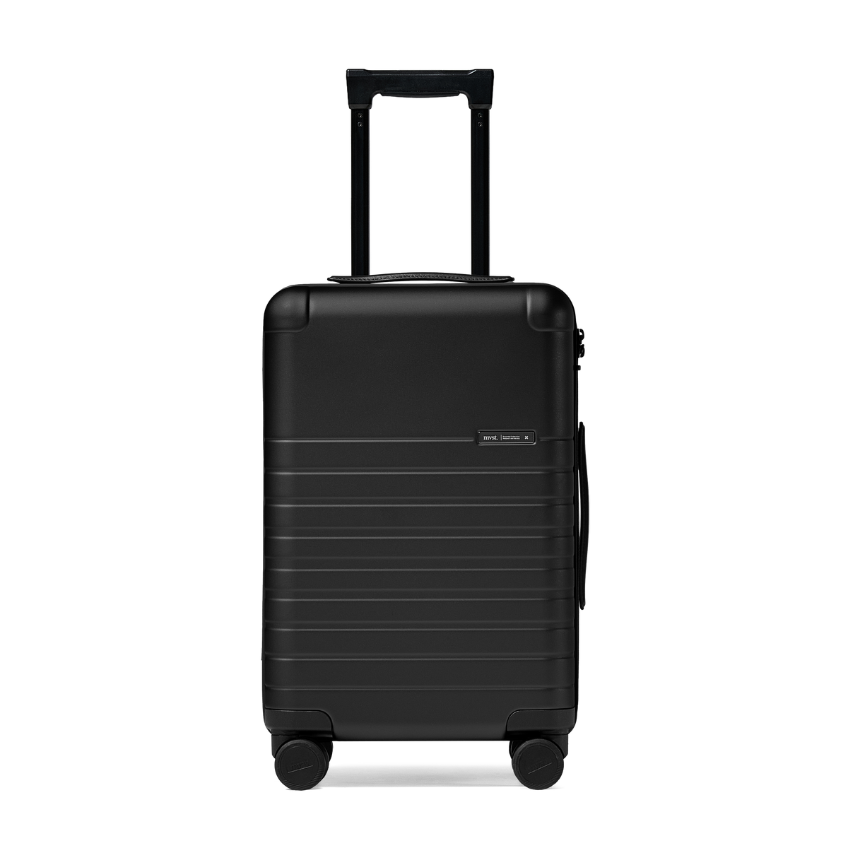 Black suitcase with wheels and handle on a white background