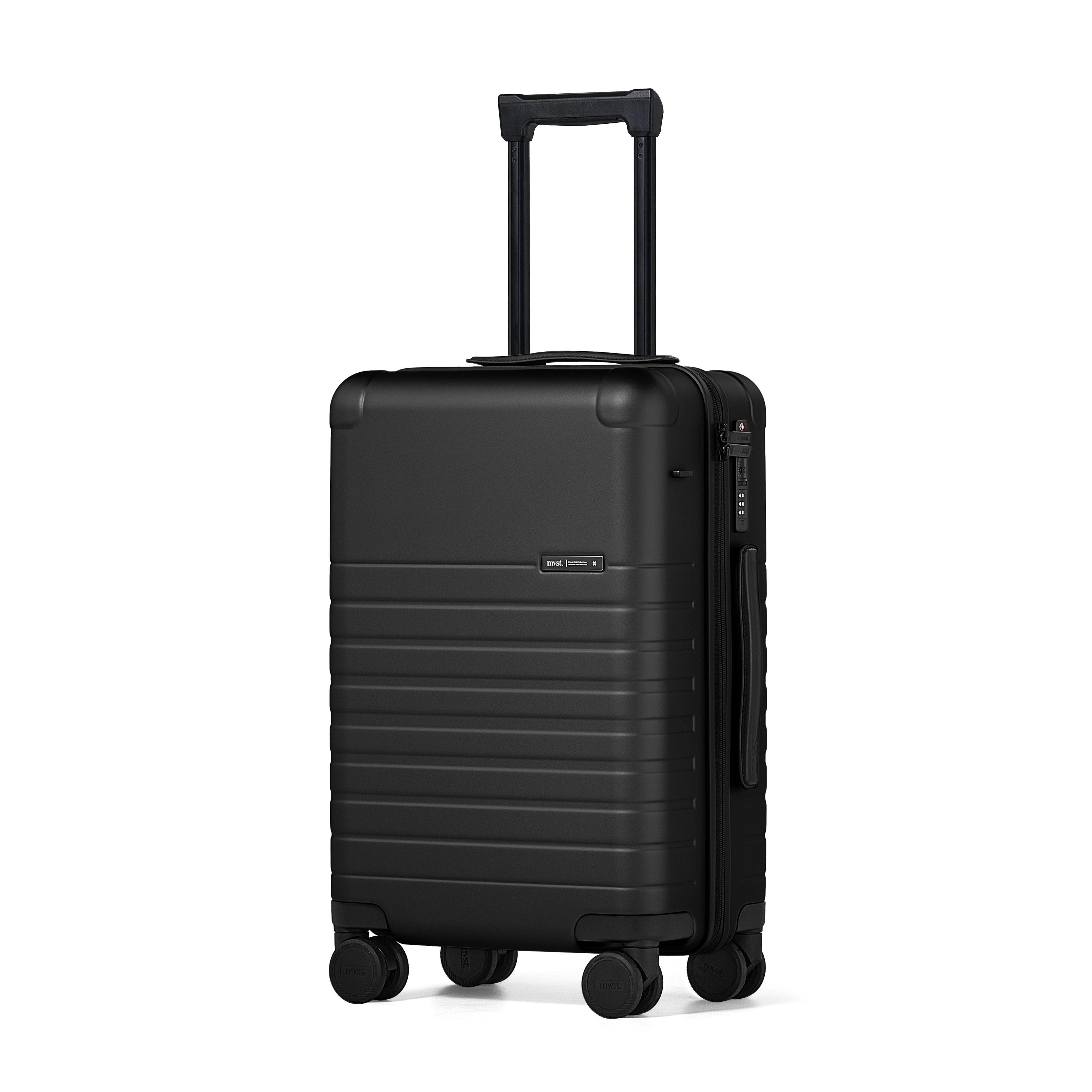 Black suitcase with wheels on a white background