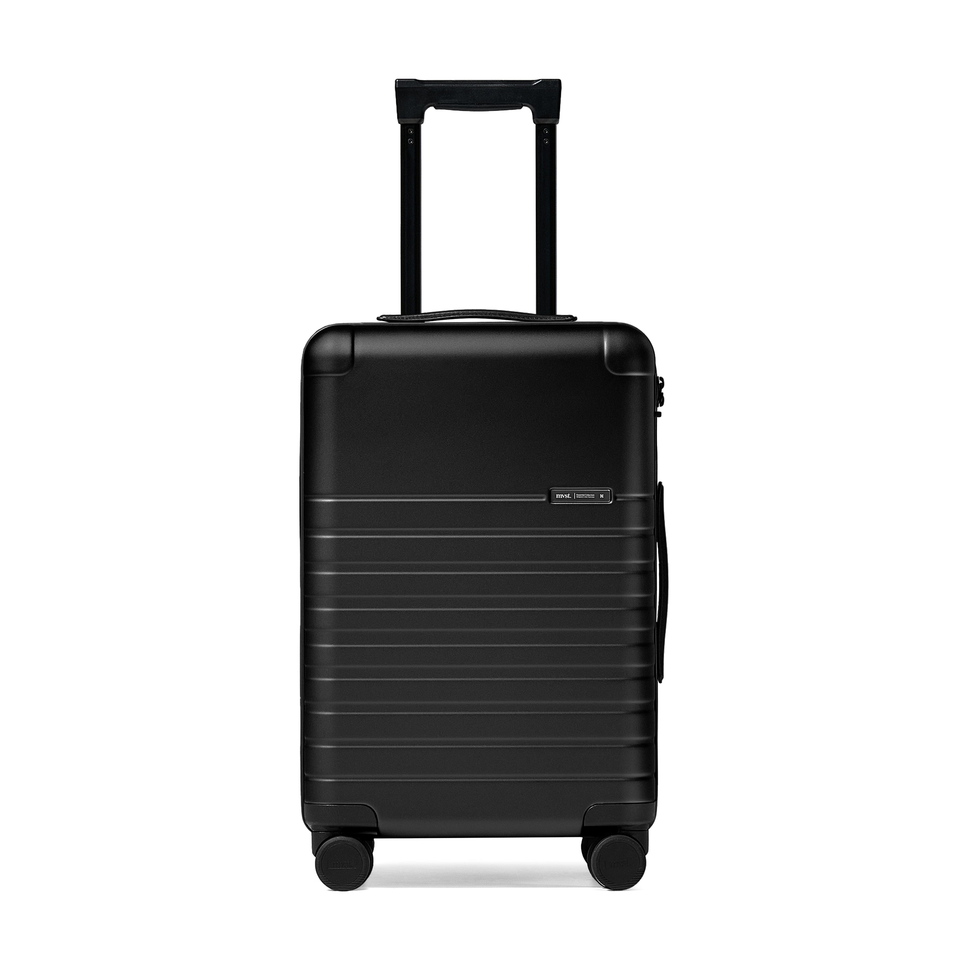 Black suitcase with wheels and handle on a white background