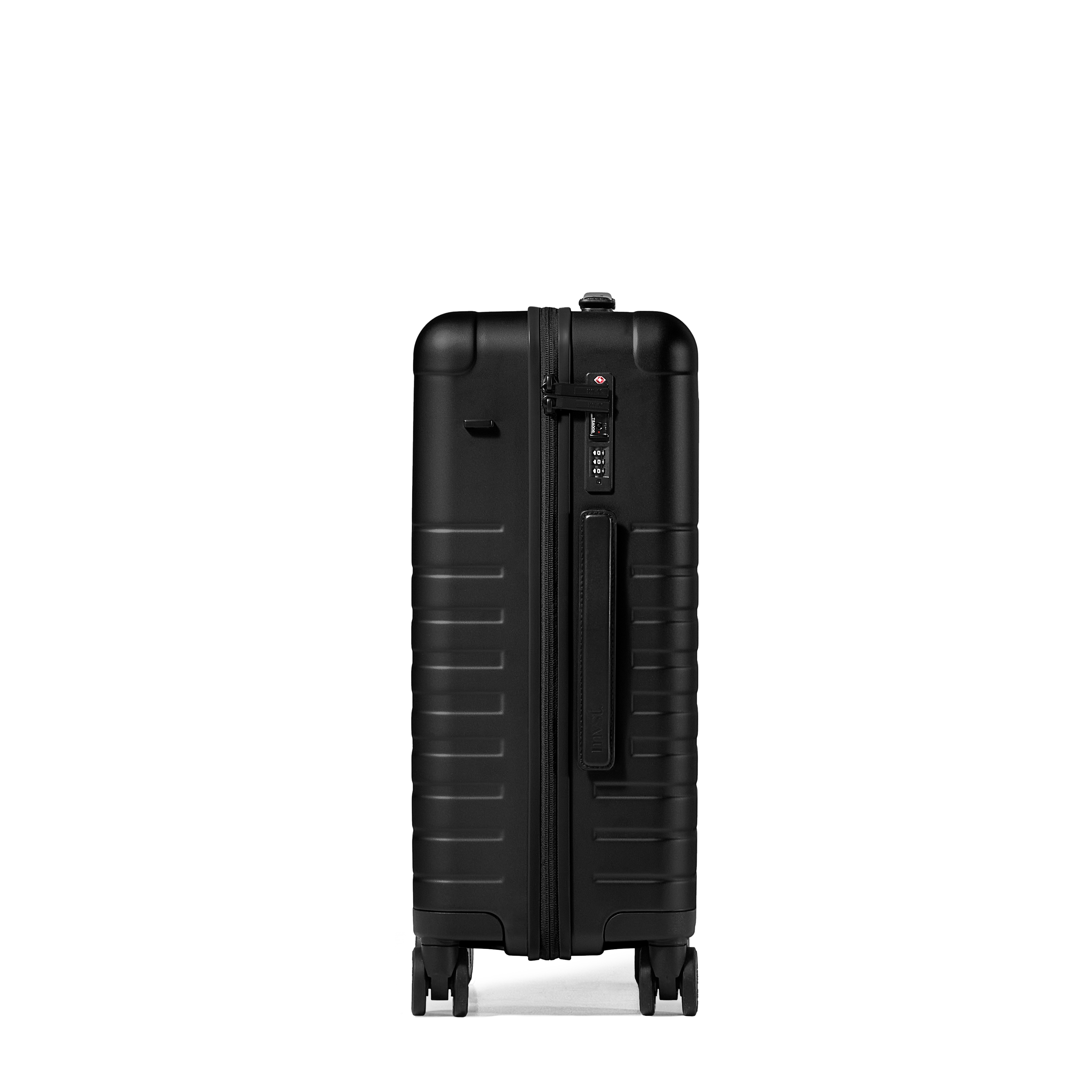 A black hard-shell spinner suitcase with a textured ribbed design, shown from the front on a solid white background.