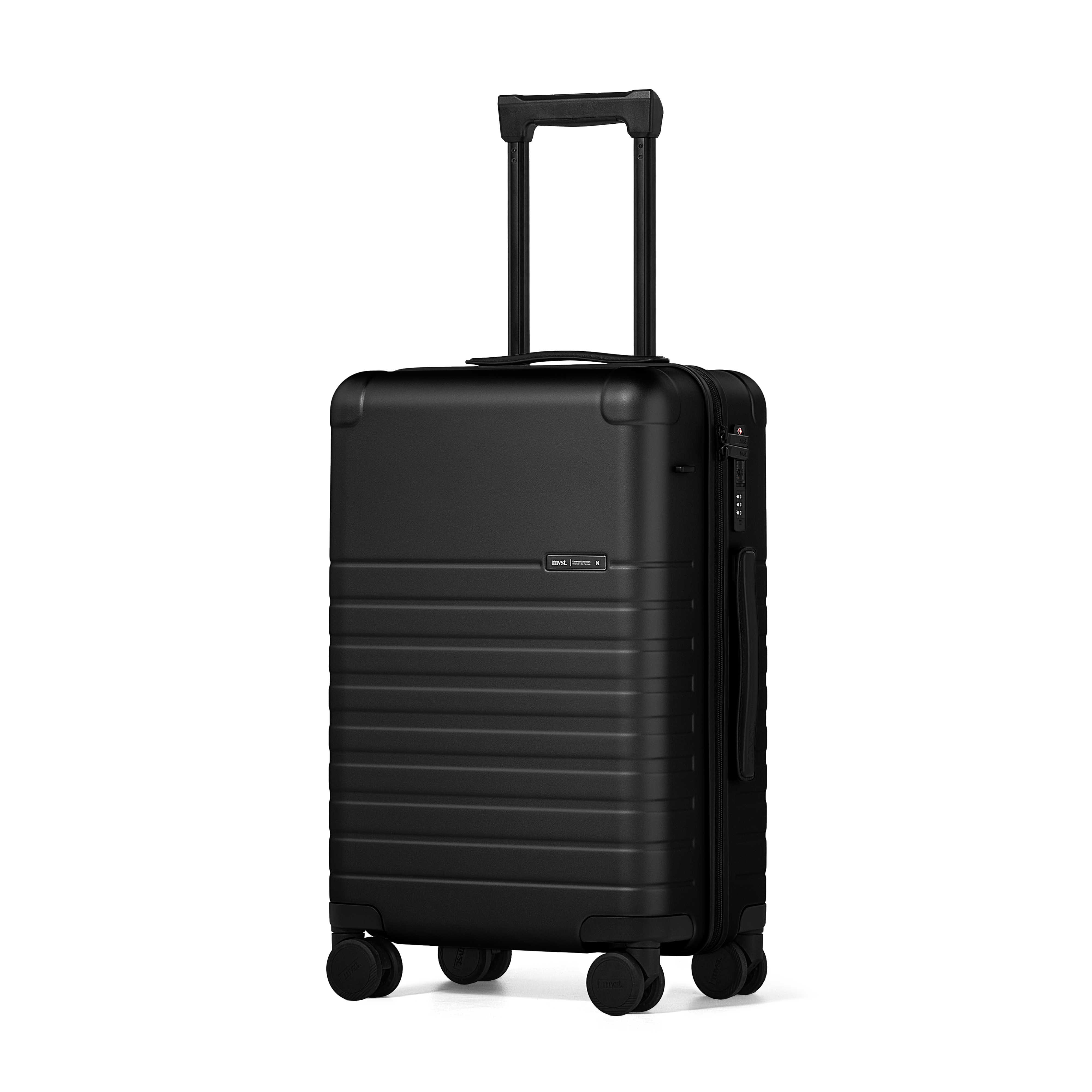 Black suitcase with wheels on a white background