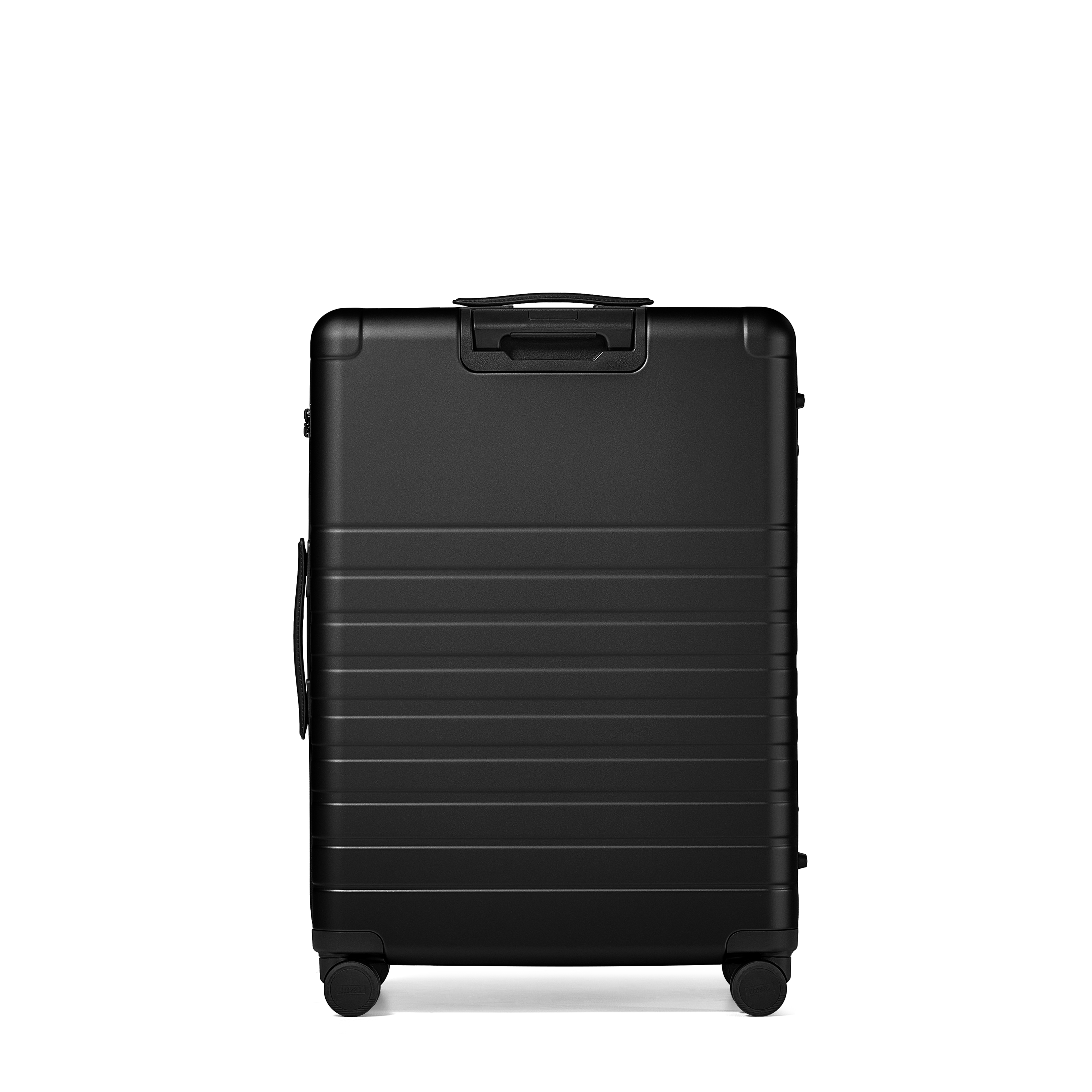 Black suitcase with a textured surface on a white background