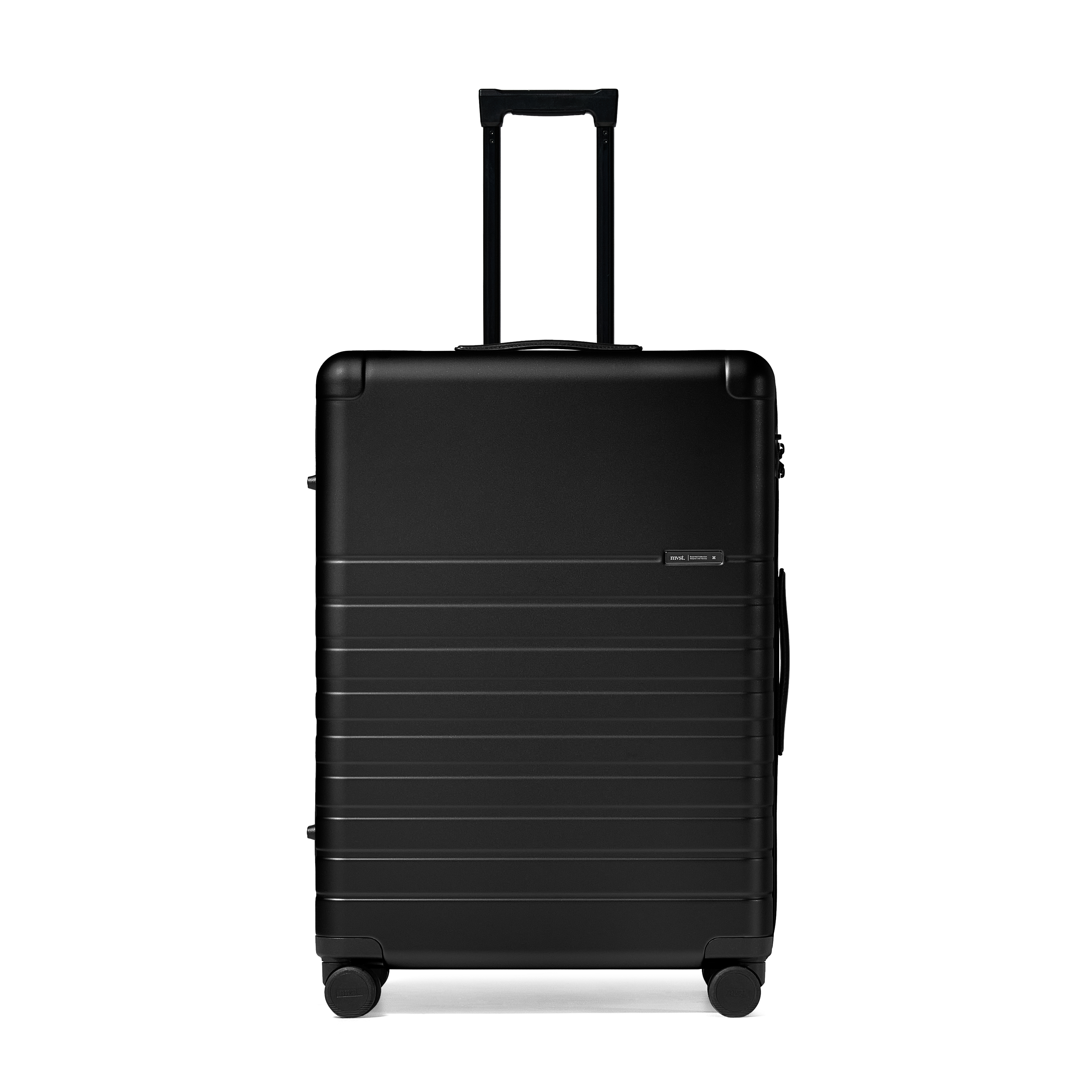 Black suitcase with a visible brand logo on a white background