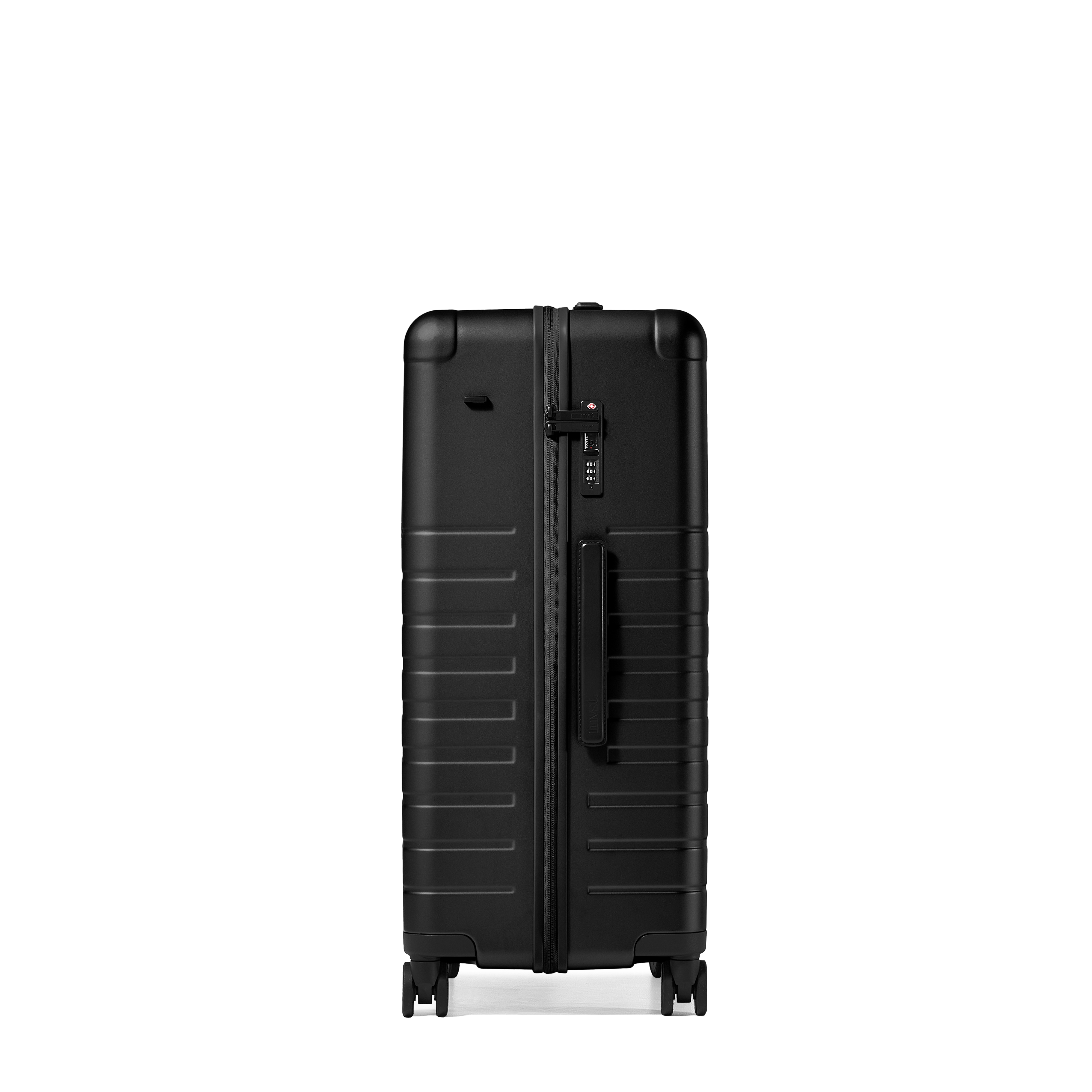 A black hard-shell spinner suitcase with a vertical handle cutout and a combination lock, shown from the front on a solid white background.